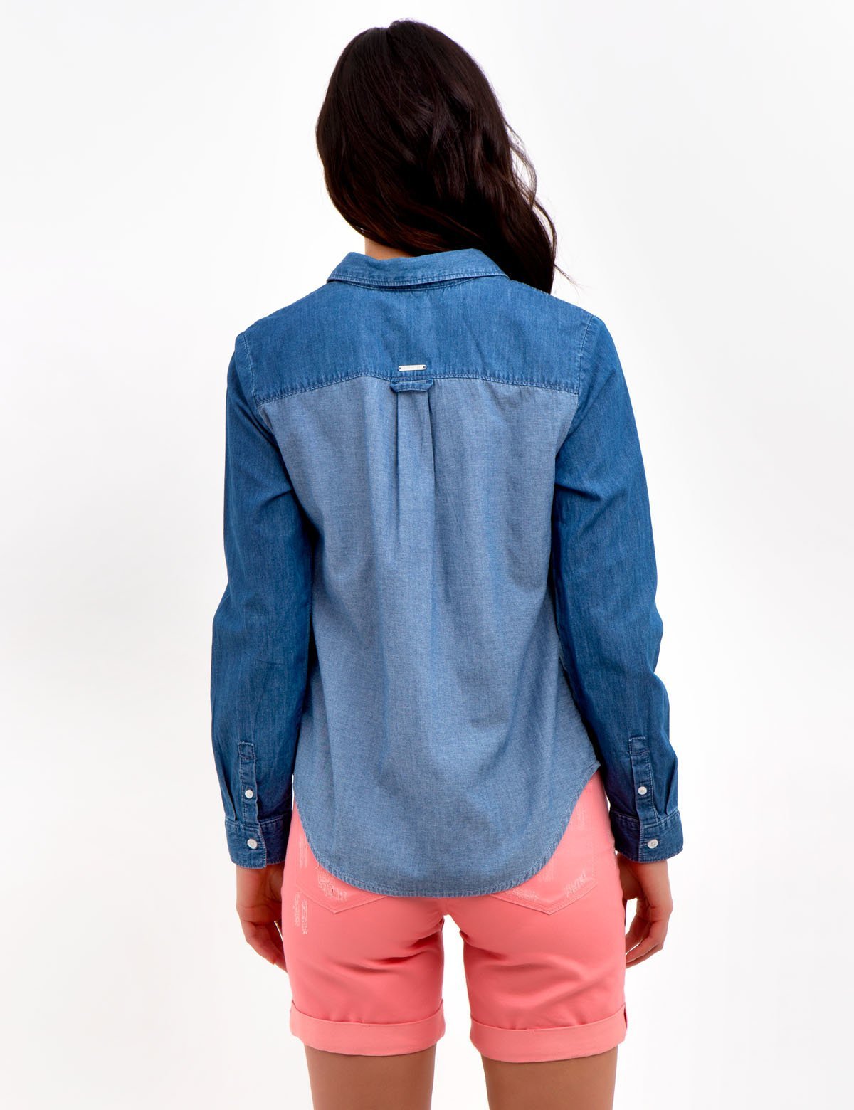 Lightweight Denim Long Sleeve Shirt with Button Cuffs & Pocket | Cotton Top