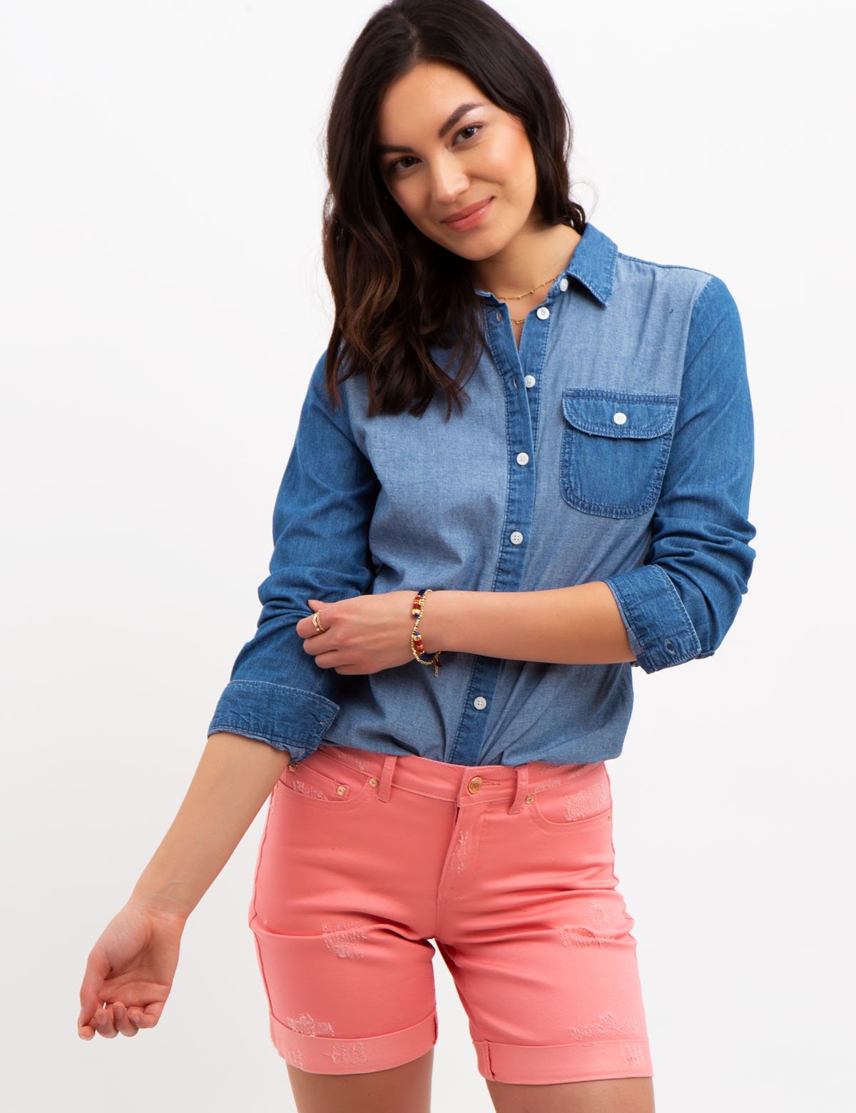 Lightweight Denim Long Sleeve Shirt with Button Cuffs & Pocket | Cotton Top