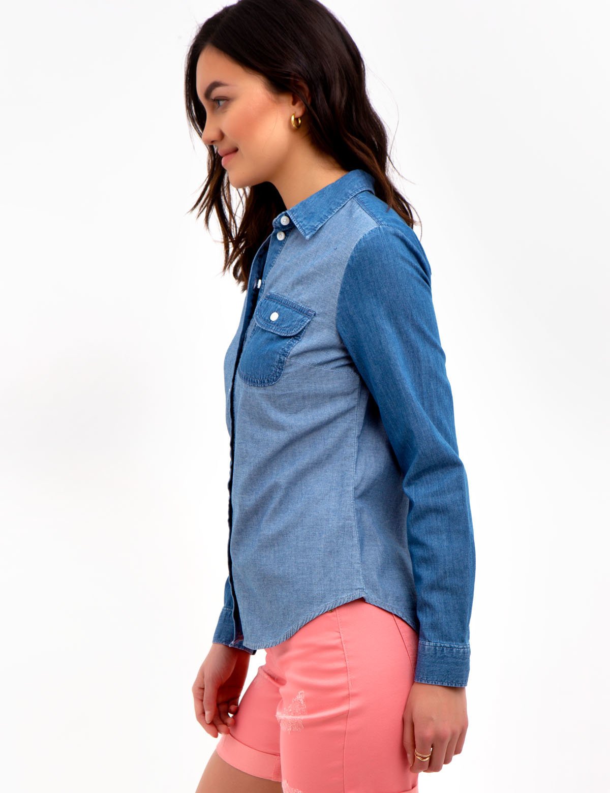Lightweight Denim Long Sleeve Shirt with Button Cuffs & Pocket | Cotton Top