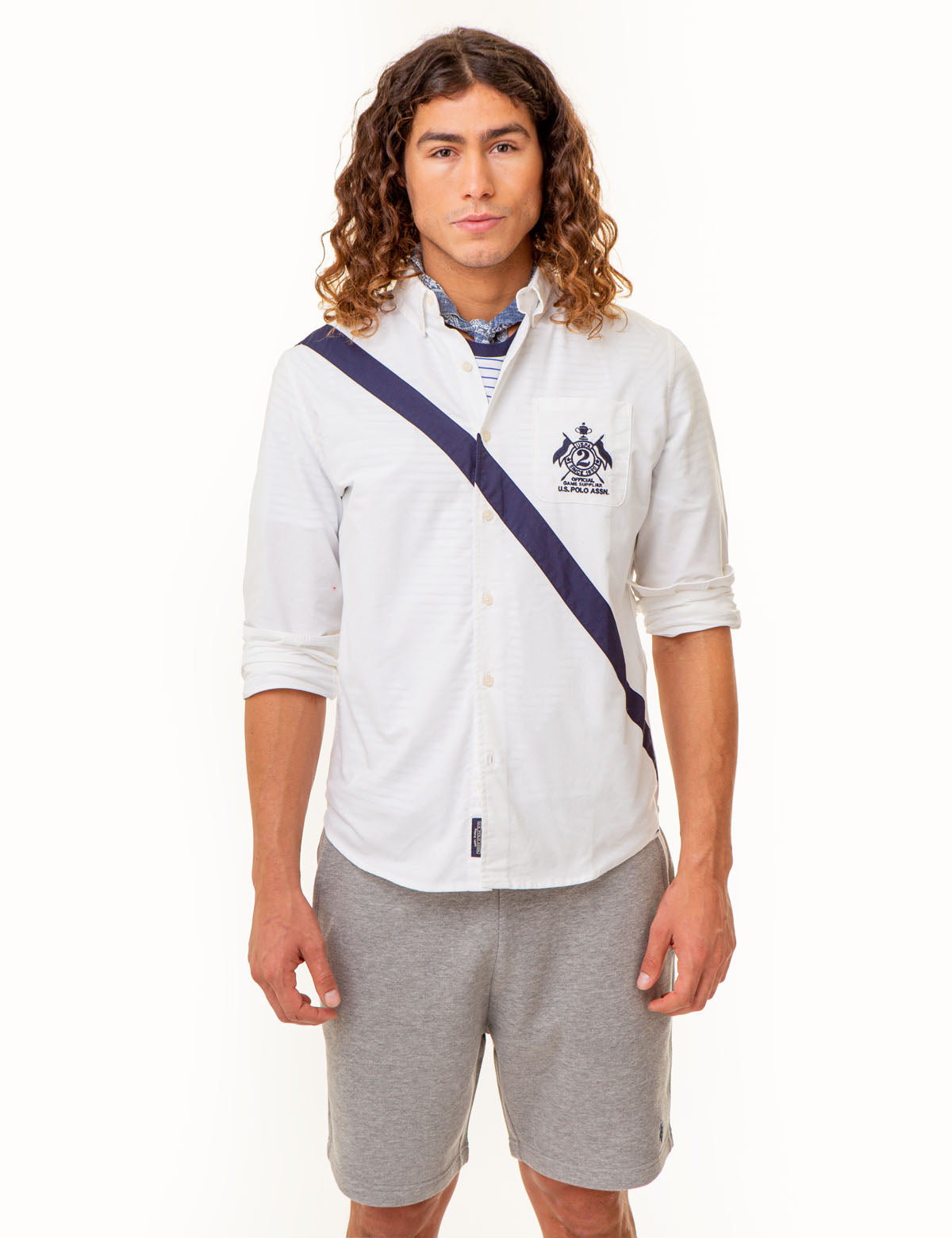 Diagonal Sash Oxford Shirt with Patch Pocket | Long Sleeve Cotton Blend