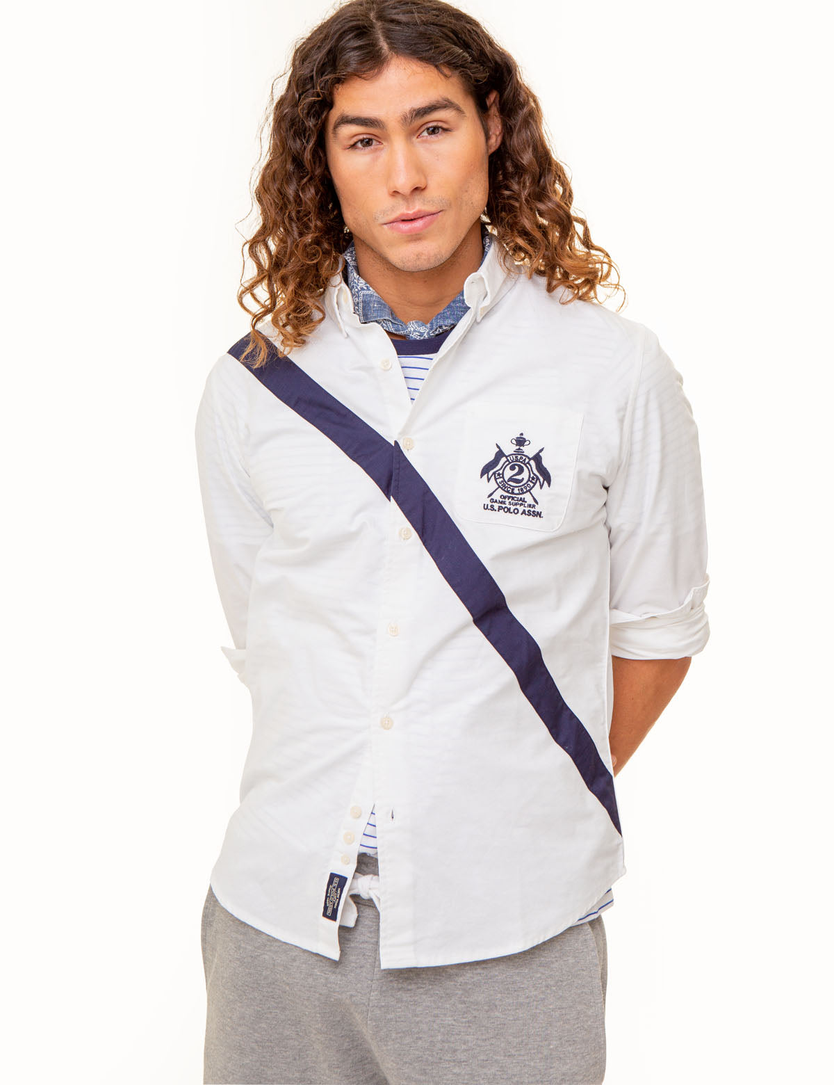 Diagonal Sash Oxford Shirt with Patch Pocket | Long Sleeve Cotton Blend
