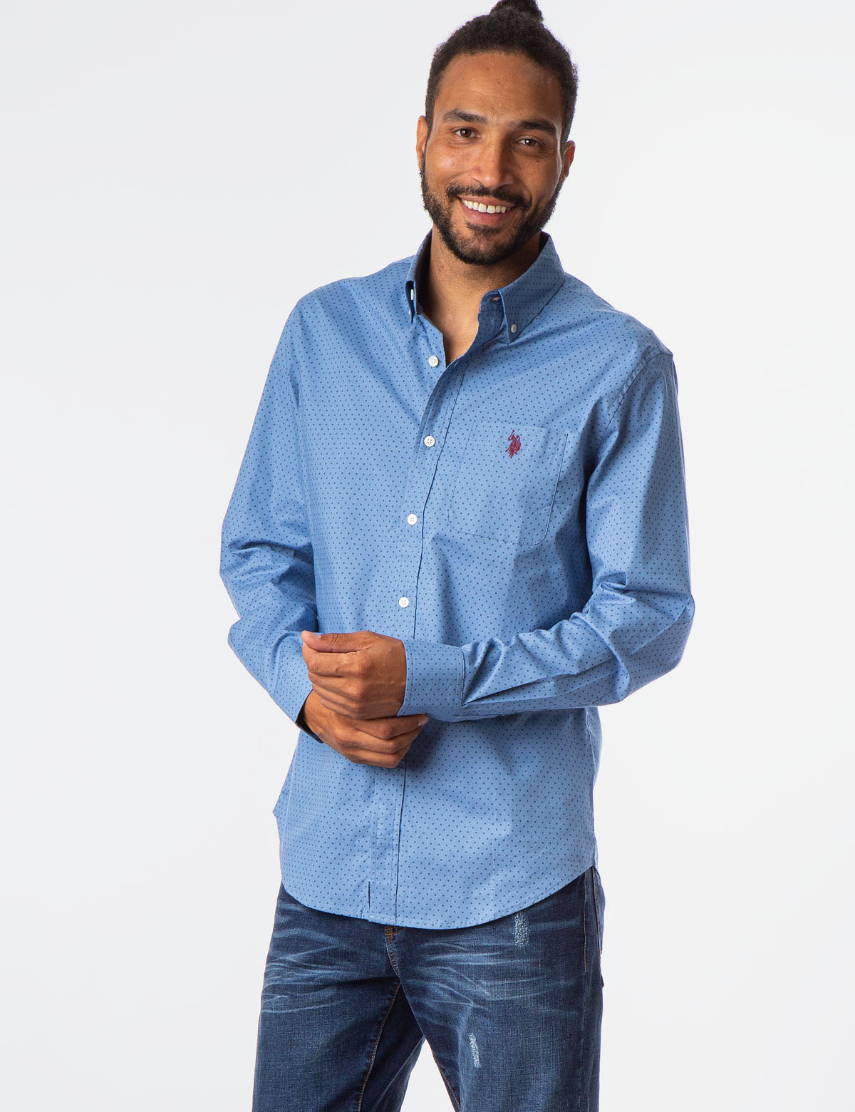 Men's Long Sleeve Dot Shirt with Button Front & Pocket | Cotton Casual Wear