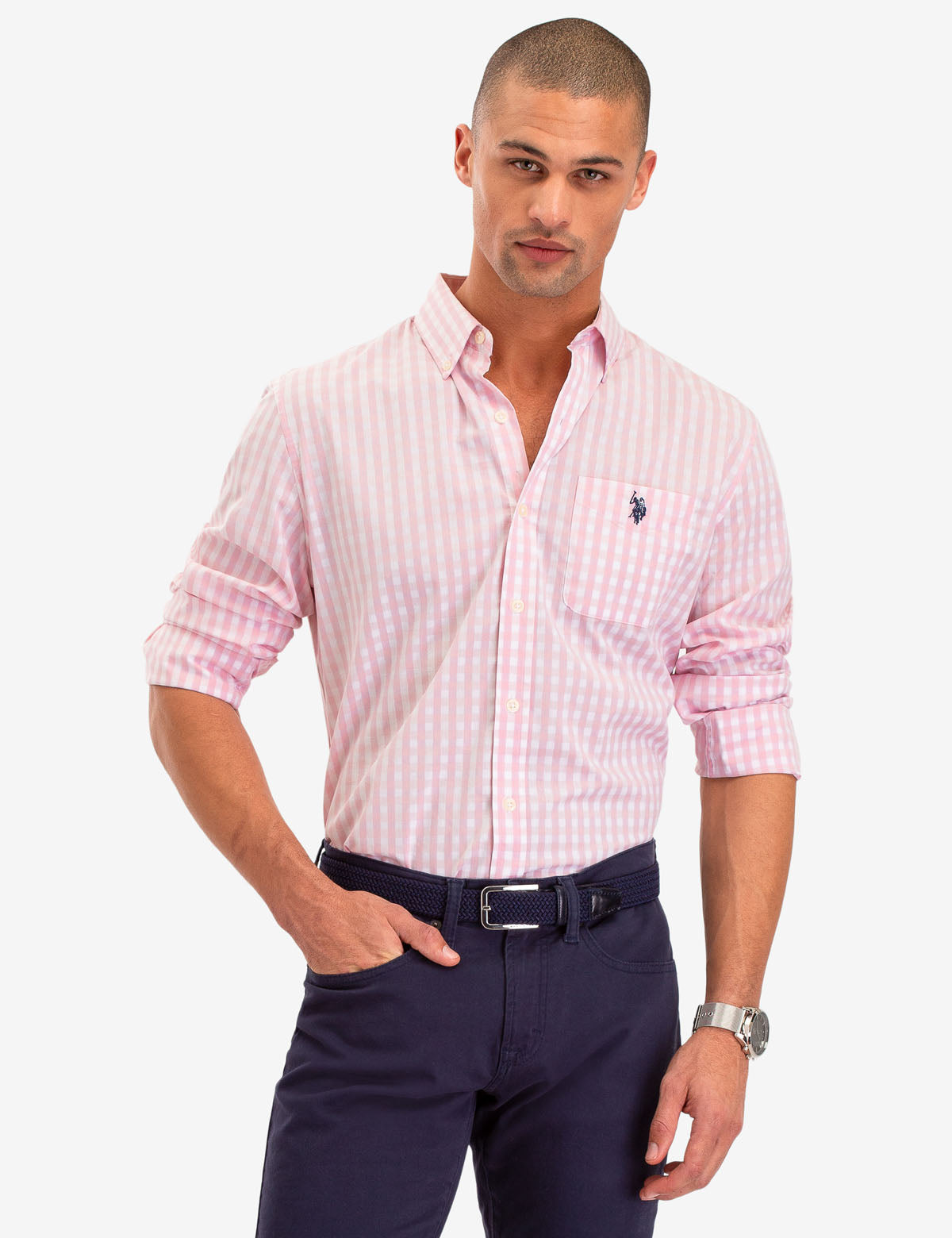 Long Sleeve Gingham Plaid Shirt with Button Front & Patch Pocket