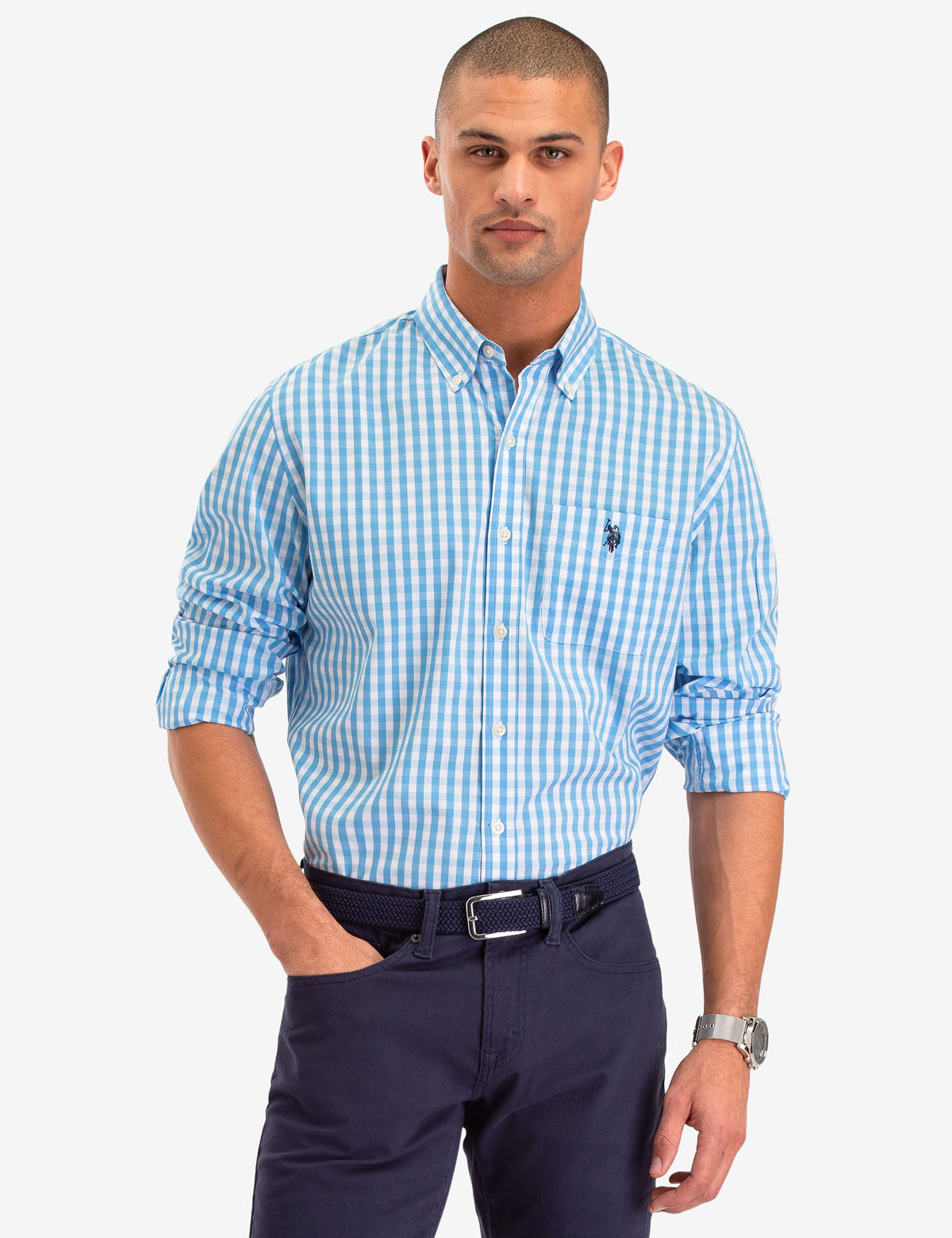 Long Sleeve Gingham Plaid Shirt with Button Front & Patch Pocket