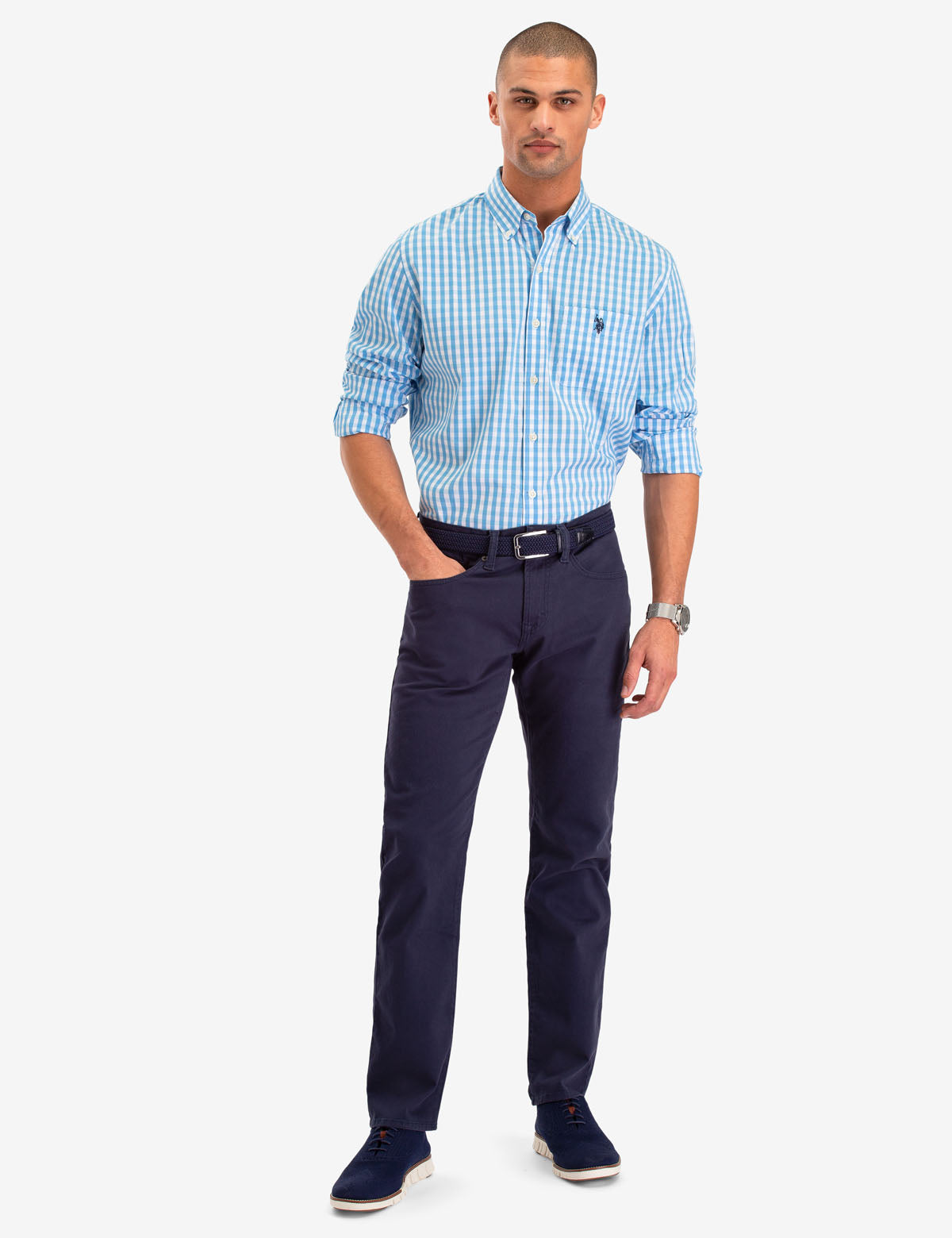 Long Sleeve Gingham Plaid Shirt with Button Front & Patch Pocket