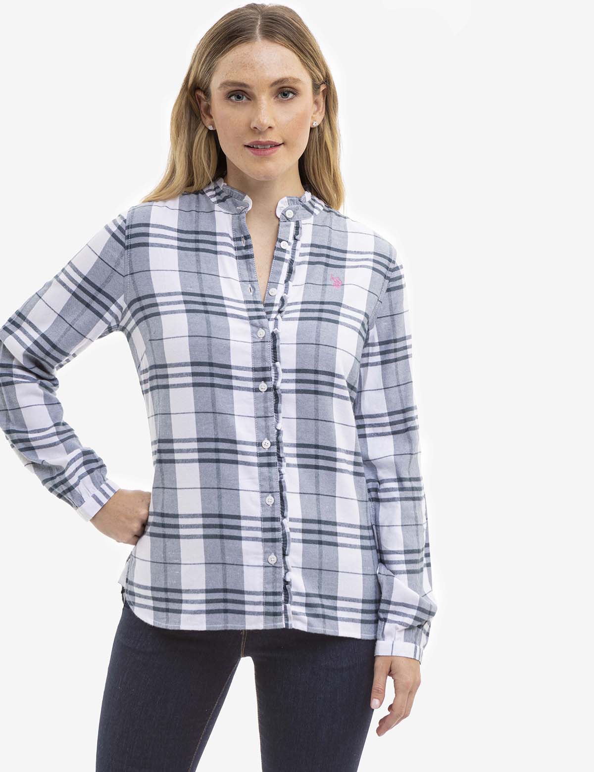 Long Sleeve Ruffle Plaid Blouse | Casual Women's Top