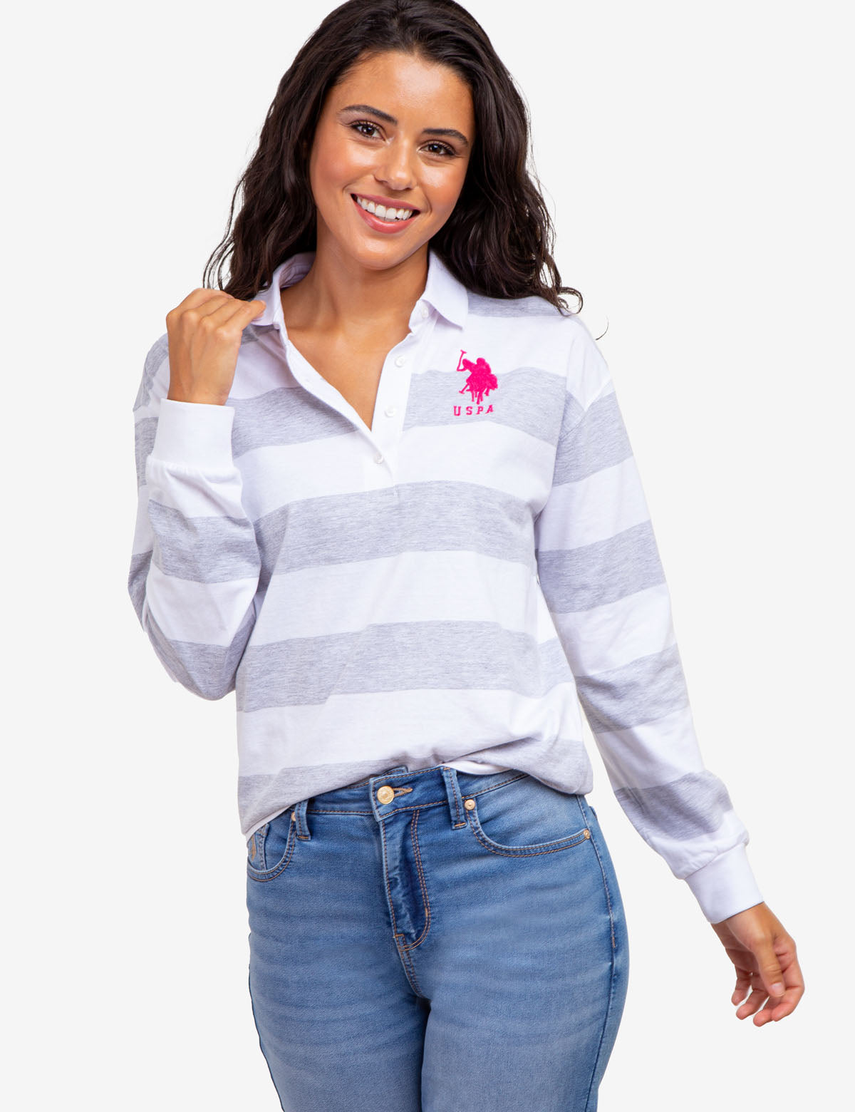 "Rugby Stripe Polo Shirt - Long Sleeve Casual Wear | [Brand Name]"  

(Note: Replace [Brand Name] with the actual brand if applicable. If no brand is specified, you can omit the "| [Brand Name]" part to keep it concise.)  

**Alternative without brand:**  
"Men's Long Sleeve Rugby Stripe Polo Shirt - Casual & Sporty"  

(Choose the version that fits the character limit best.)