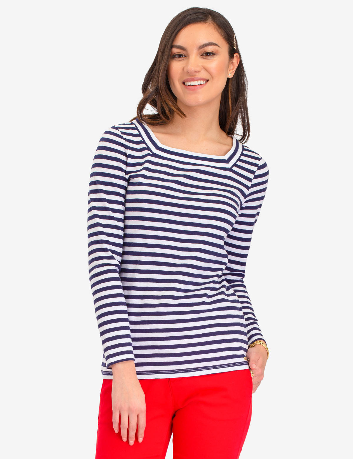 Long Sleeve Square Neck Striped Shirt | USPA