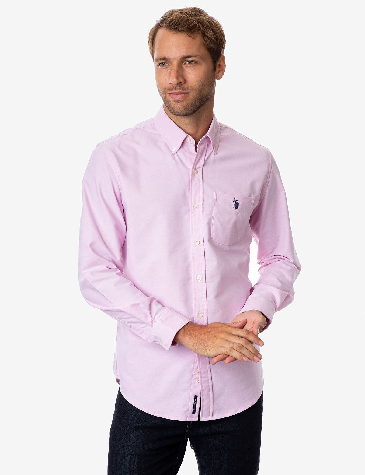 Stretch Oxford Shirt with Long Sleeves & Front Pocket | Classic Fit