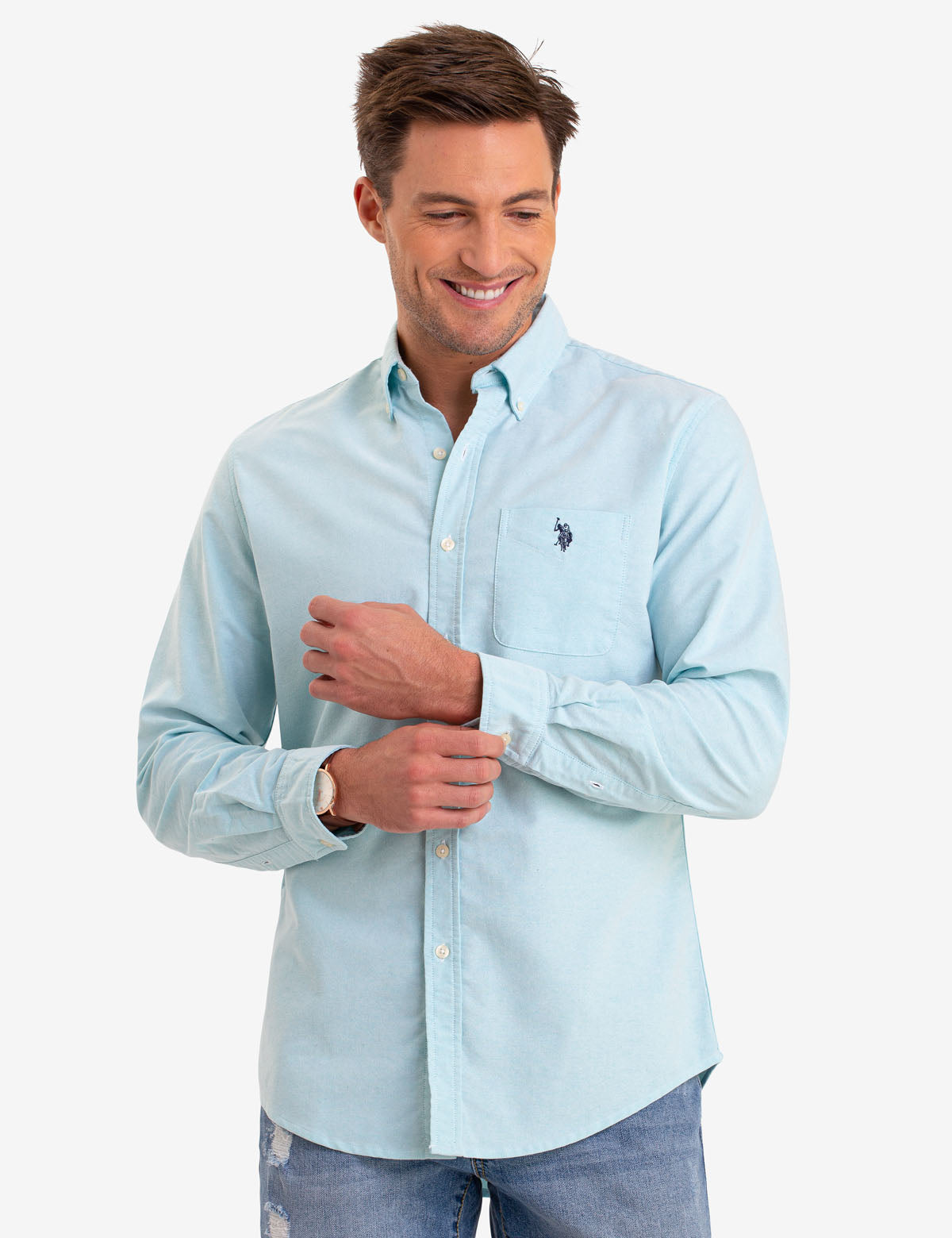 Stretch Oxford Shirt with Long Sleeves & Front Pocket | Classic Fit