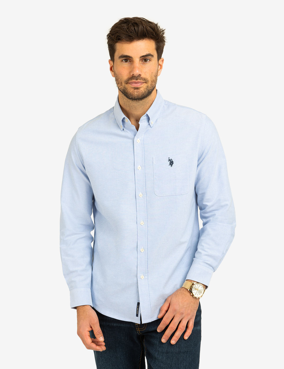 Stretch Oxford Shirt with Long Sleeves & Front Pocket | Classic Fit