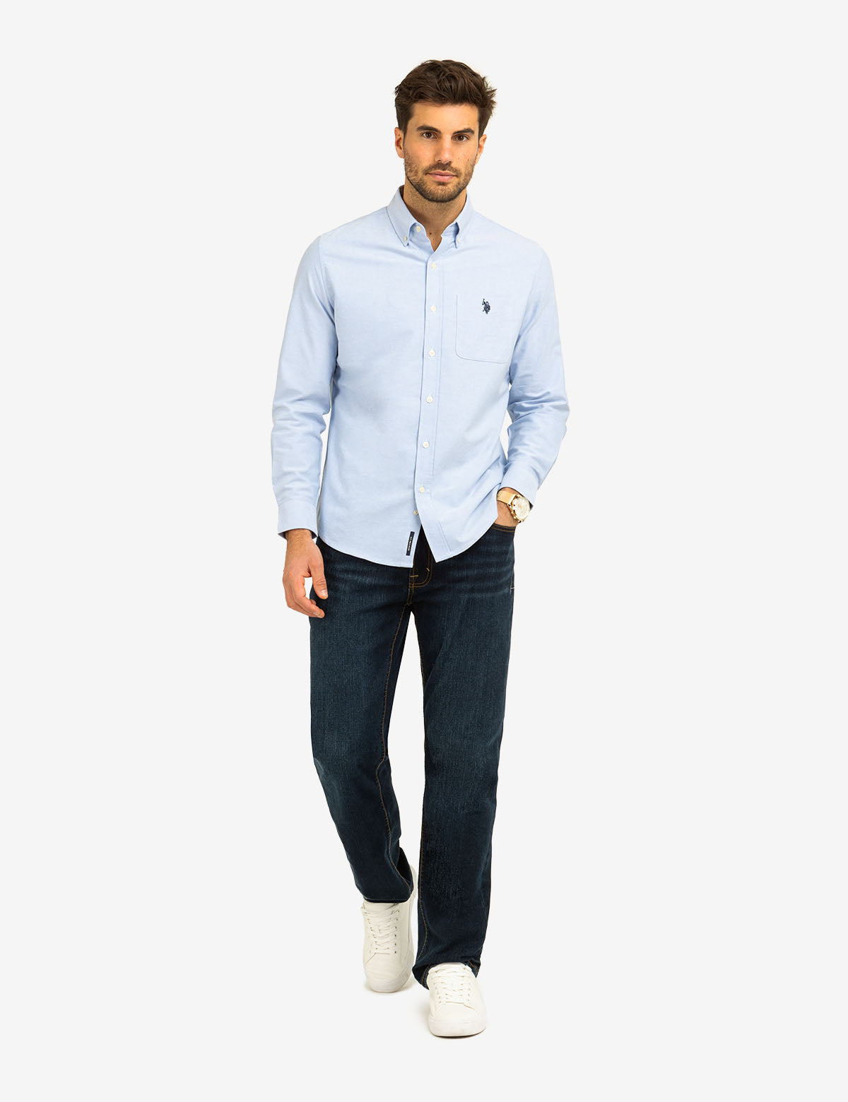 Stretch Oxford Shirt with Long Sleeves & Front Pocket | Classic Fit