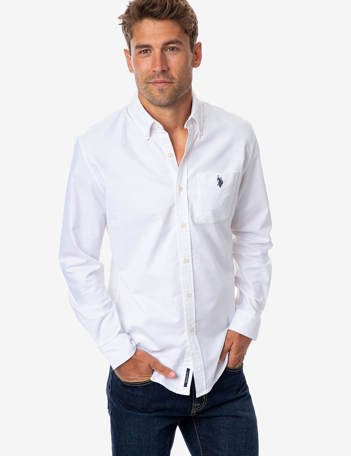Stretch Oxford Shirt with Long Sleeves & Front Pocket | Classic Fit