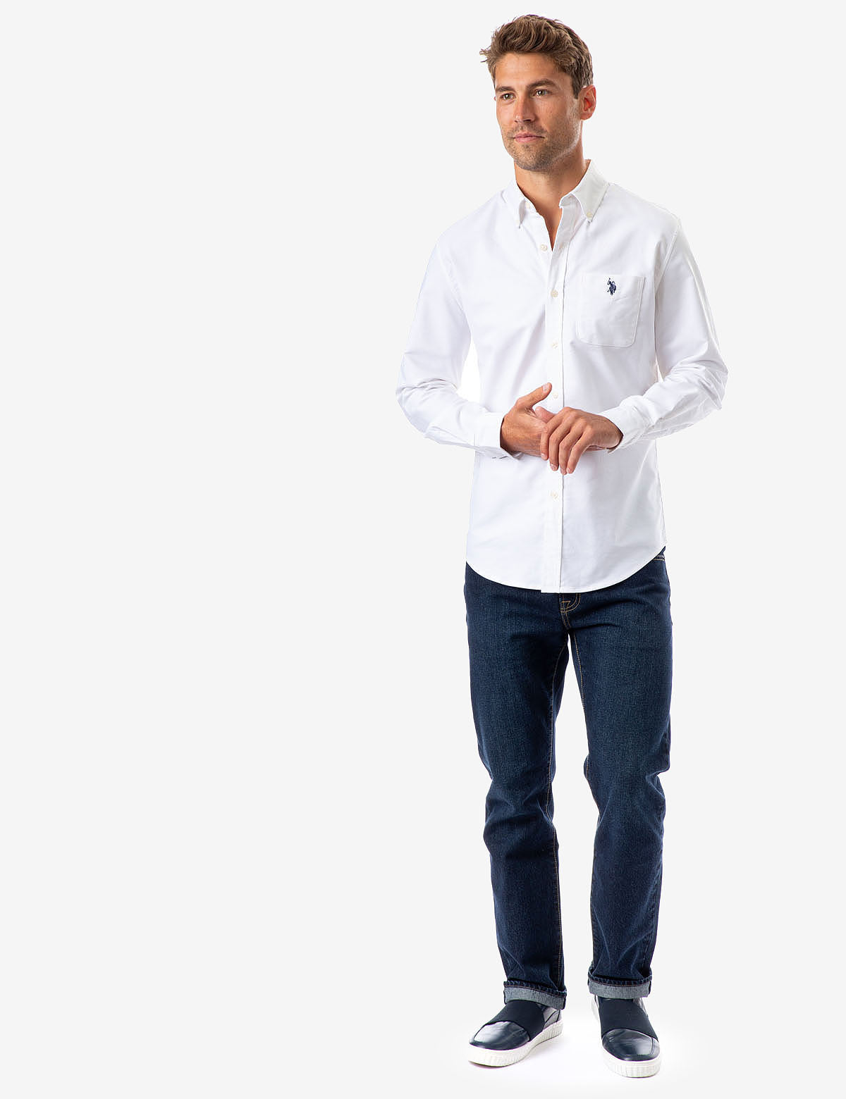 Stretch Oxford Shirt with Long Sleeves & Front Pocket | Classic Fit