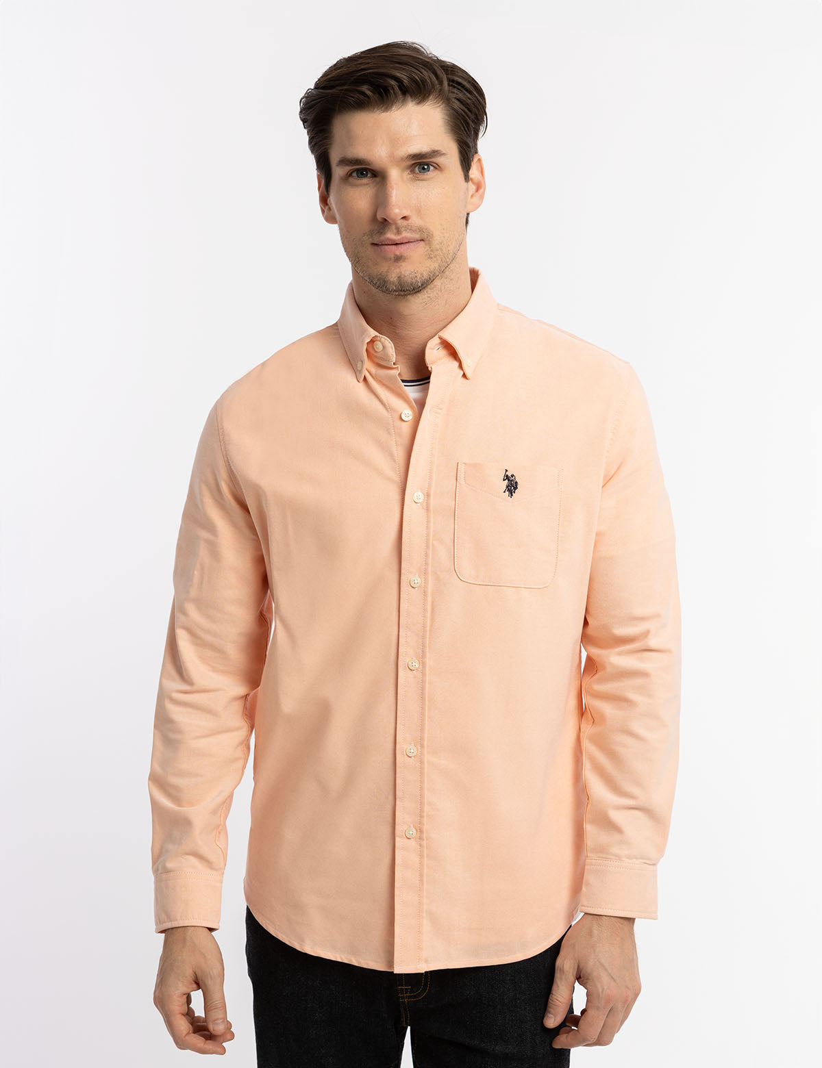 Stretch Oxford Shirt with Long Sleeves & Front Pocket | Classic Fit