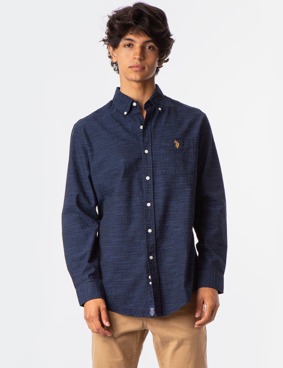 Textured Long Sleeve Button-Up Shirt with Collar & Pocket
