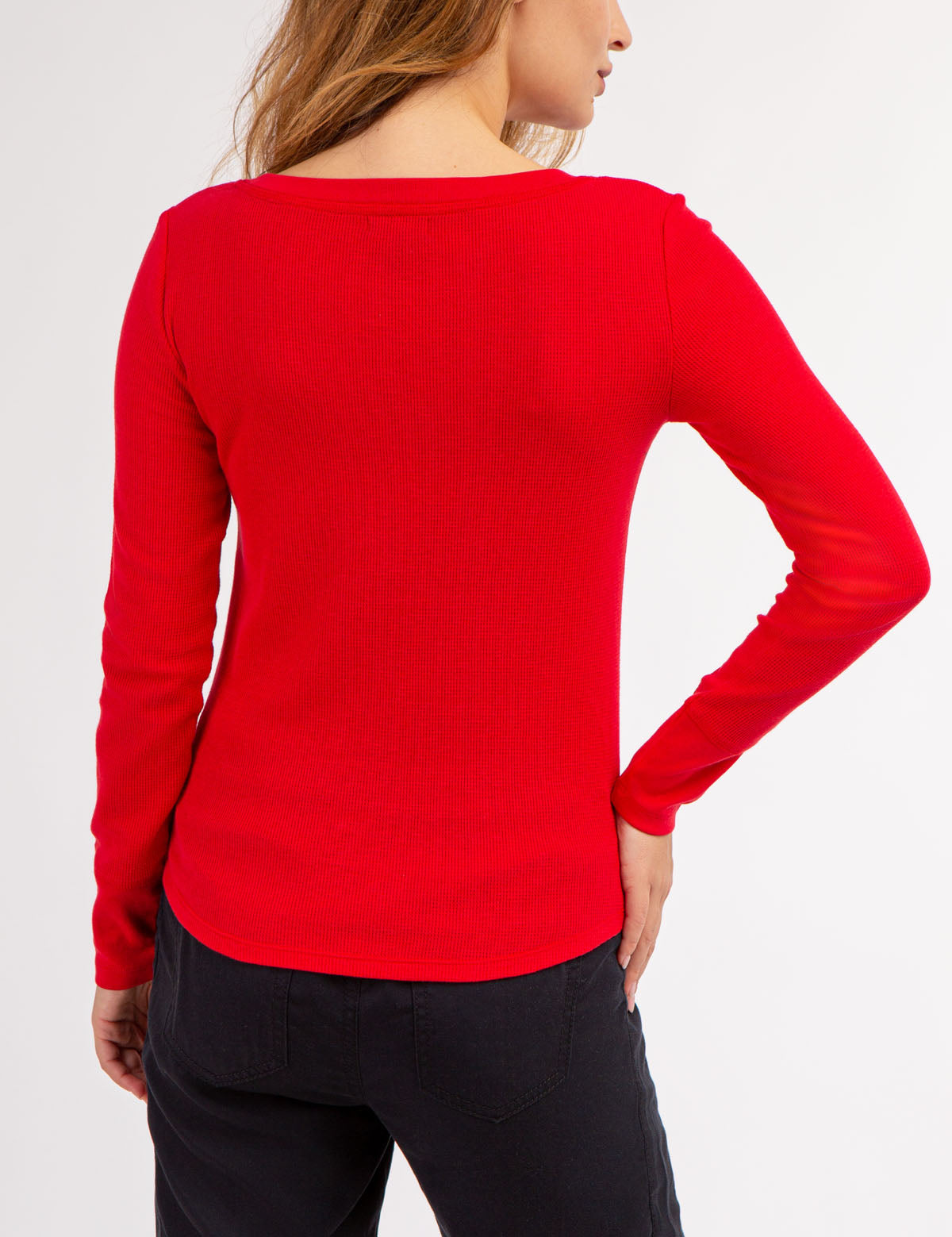 Waffle Knit Henley Top with Rhinestone Buttons | Long Sleeve