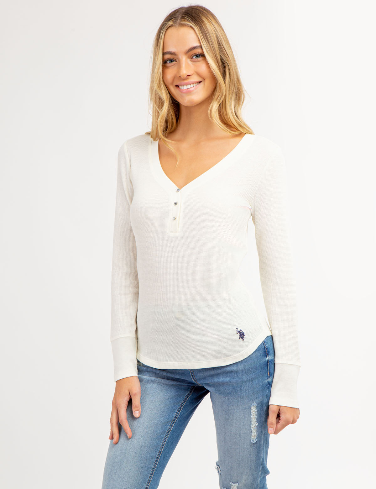 Waffle Knit Henley Top with Rhinestone Buttons | Long Sleeve