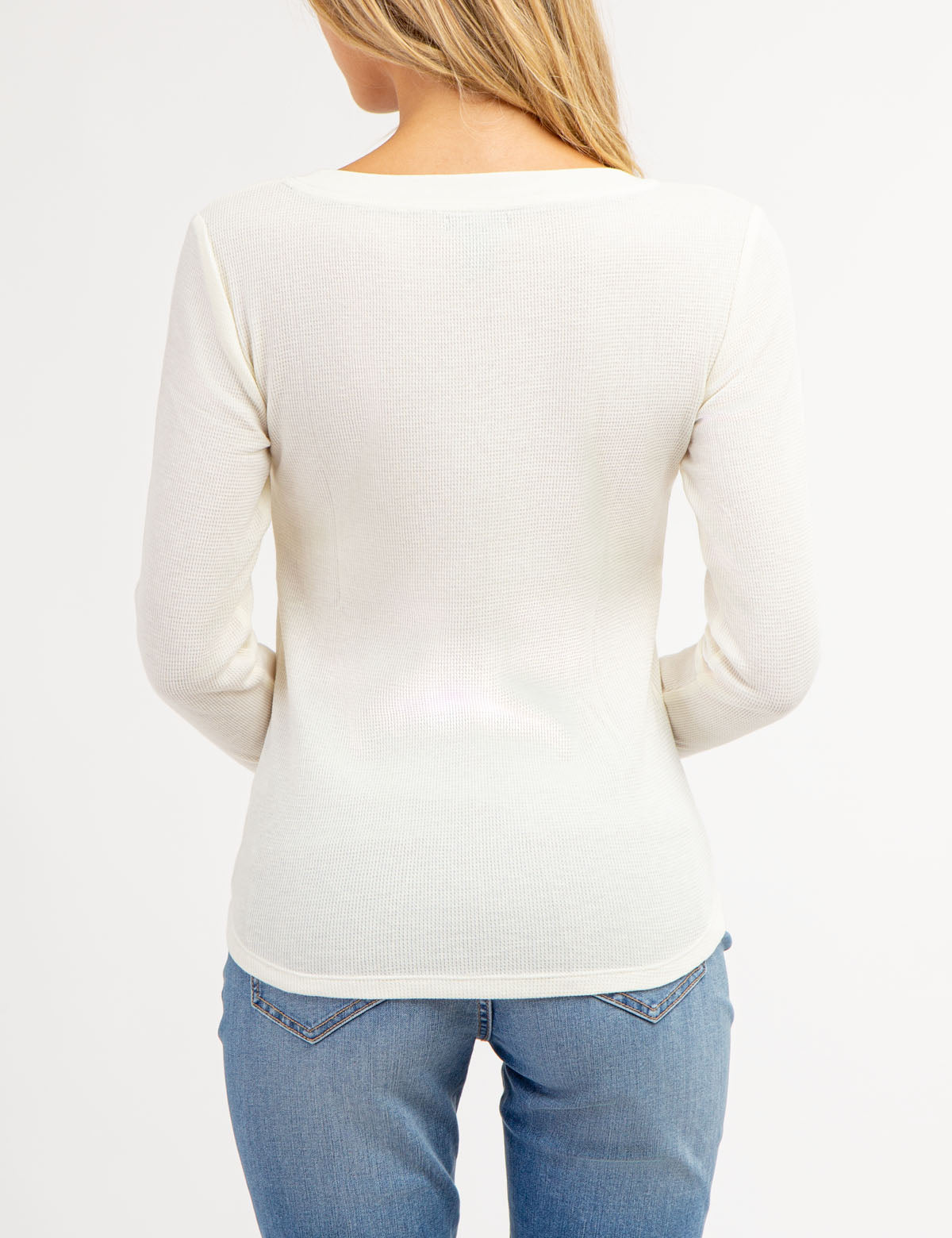 Waffle Knit Henley Top with Rhinestone Buttons | Long Sleeve