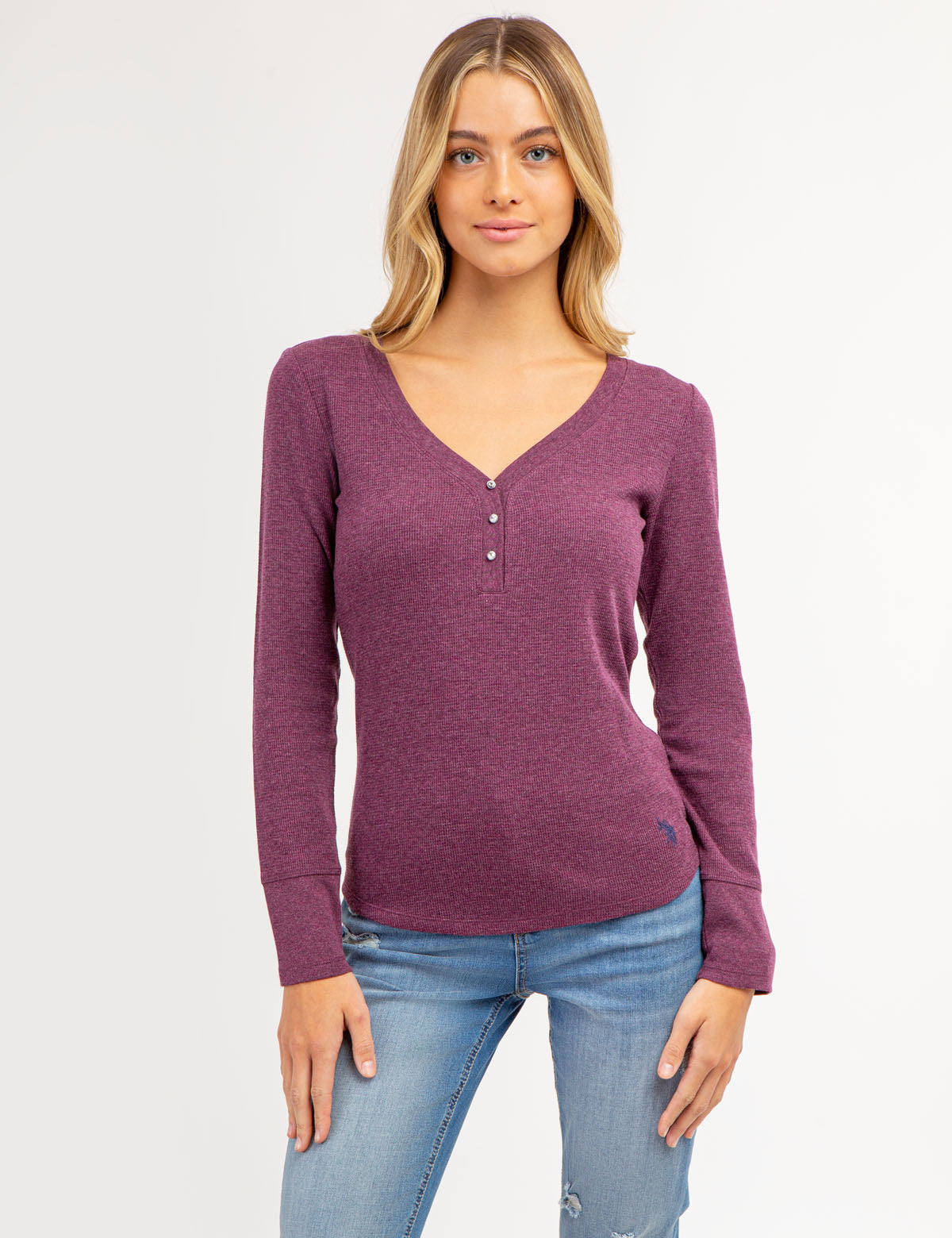Waffle Knit Henley Top with Rhinestone Buttons | Long Sleeve