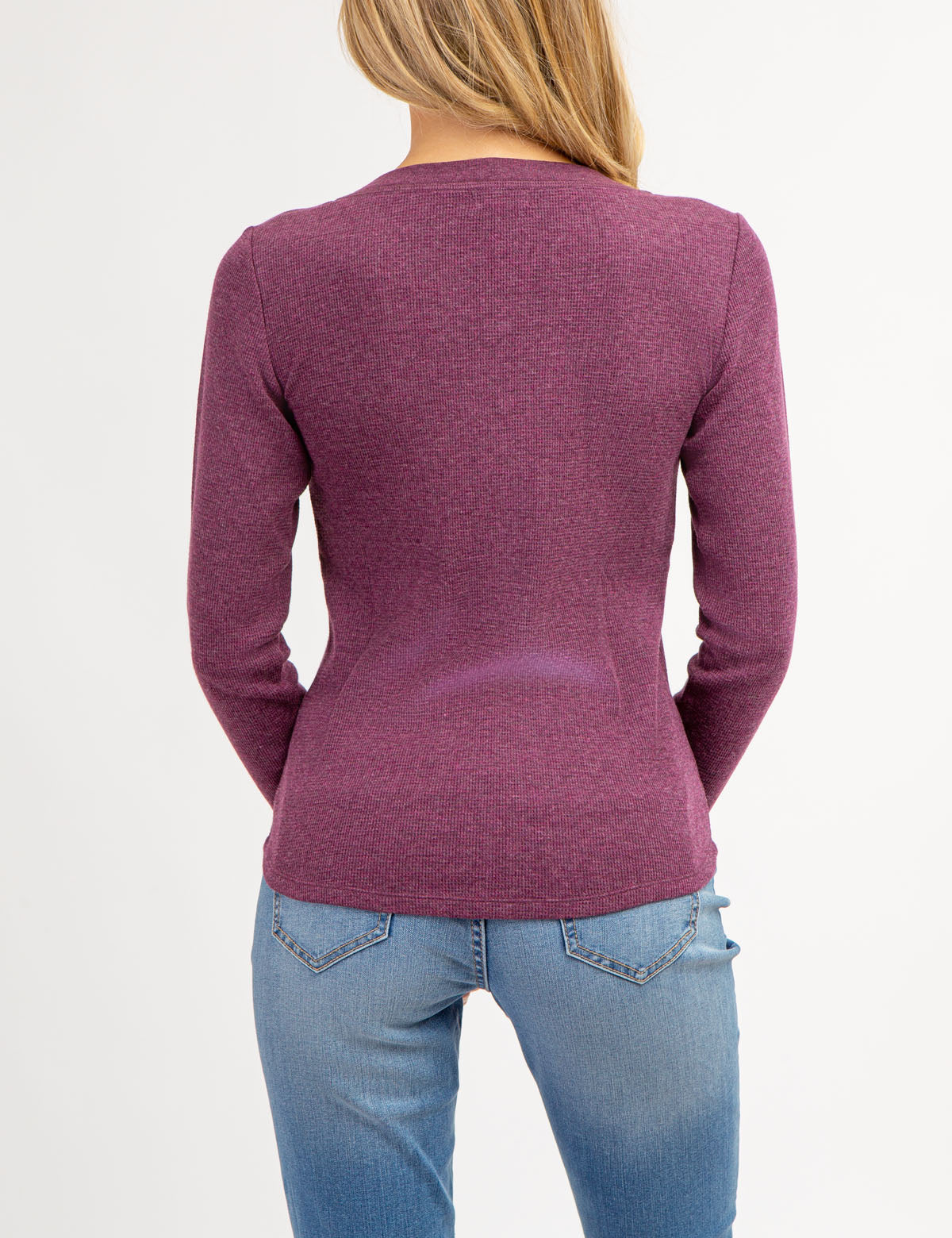 Waffle Knit Henley Top with Rhinestone Buttons | Long Sleeve