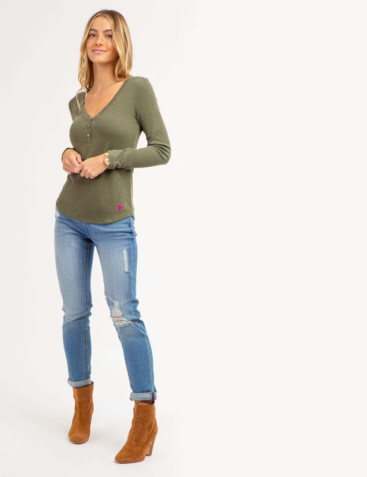 Waffle Knit Henley Top with Rhinestone Buttons | Long Sleeve