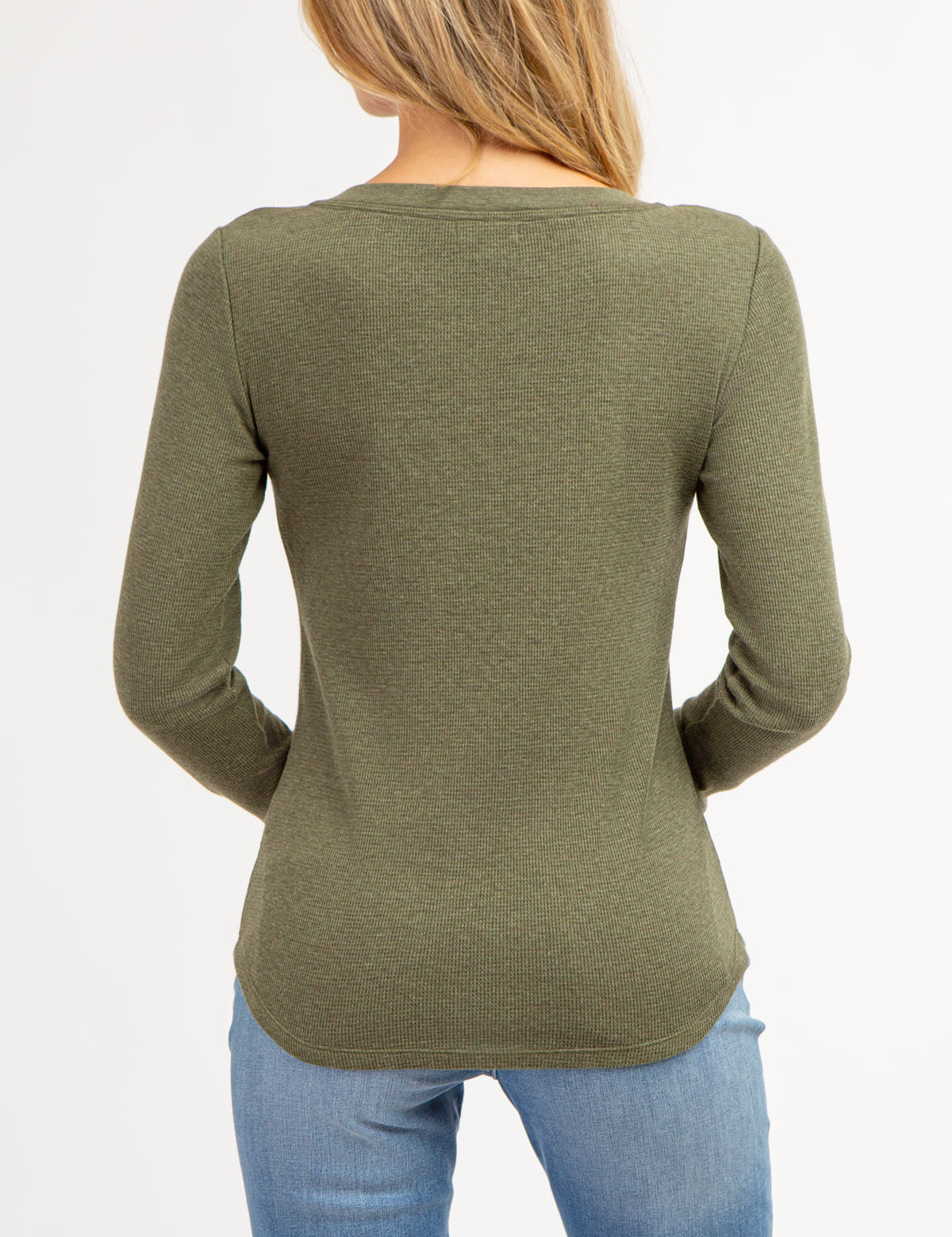 Waffle Knit Henley Top with Rhinestone Buttons | Long Sleeve