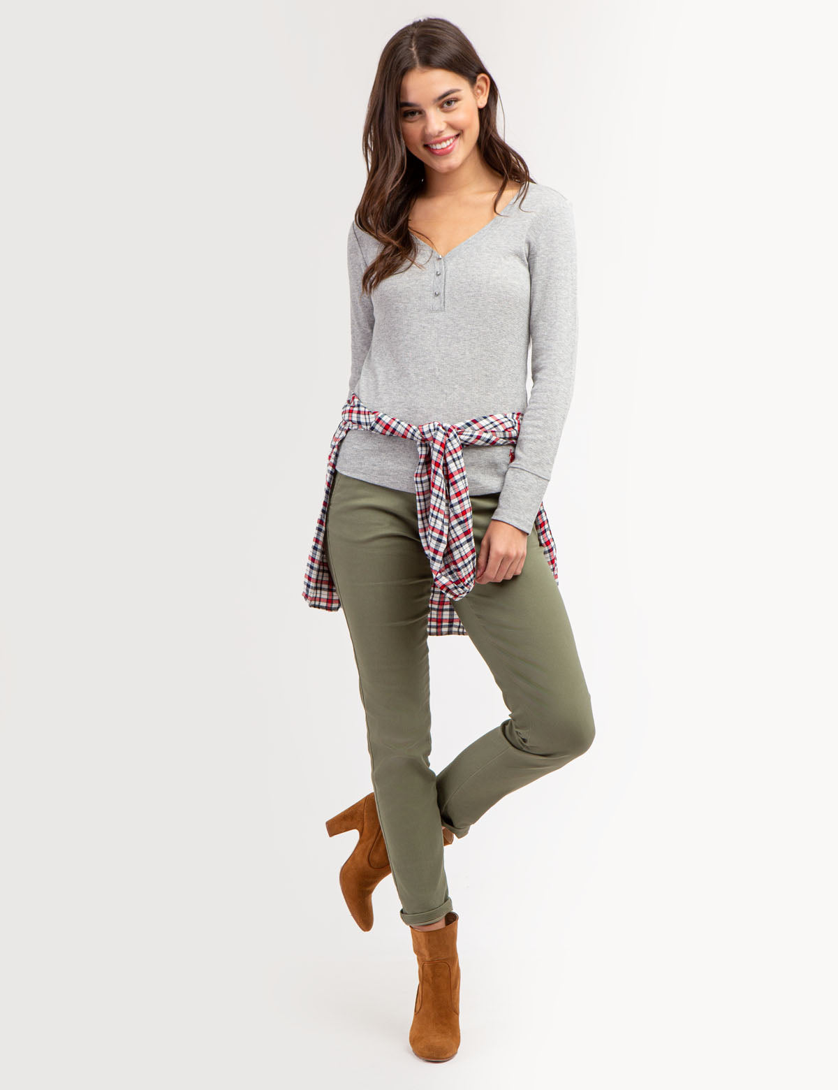 Waffle Knit Henley Top with Rhinestone Buttons | Long Sleeve