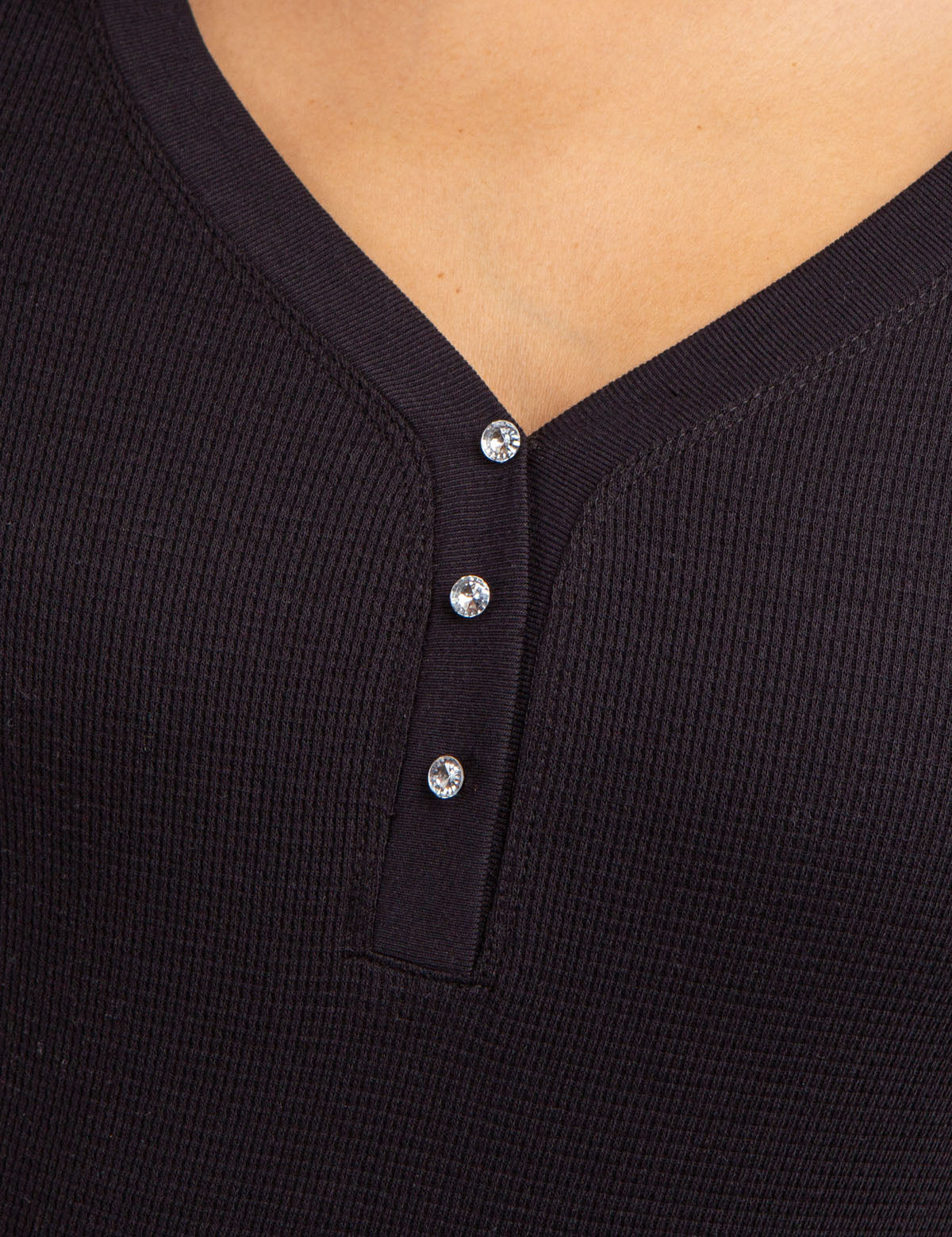Waffle Knit Henley Top with Rhinestone Buttons | Long Sleeve
