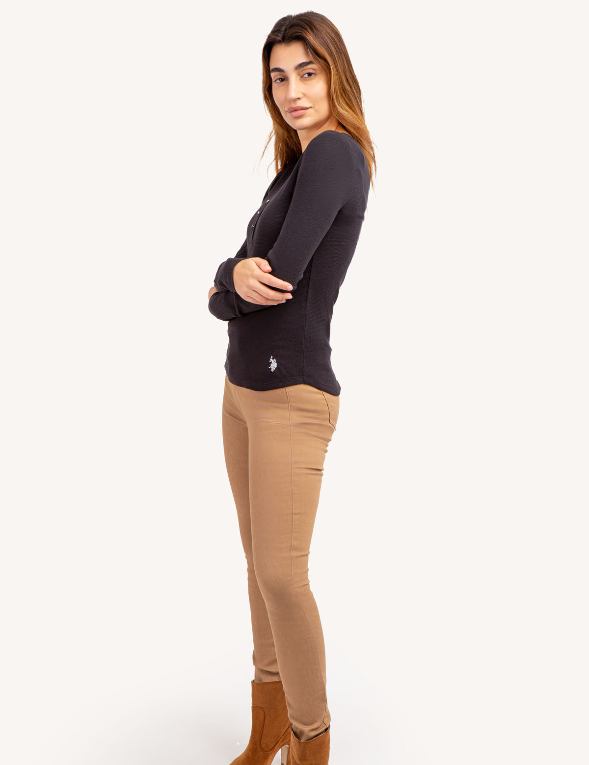 Waffle Knit Henley Top with Rhinestone Buttons | Long Sleeve