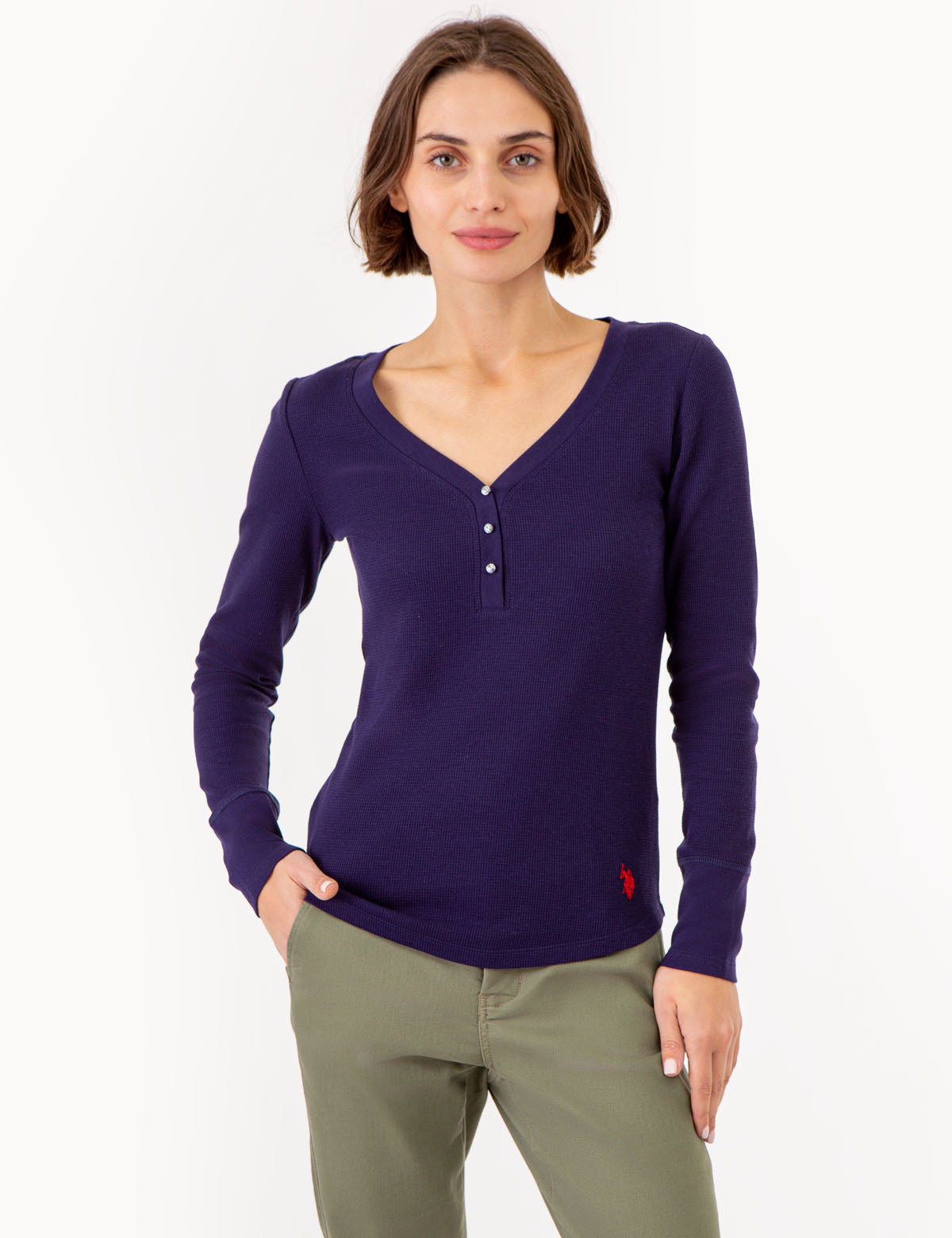 Waffle Knit Henley Top with Rhinestone Buttons | Long Sleeve