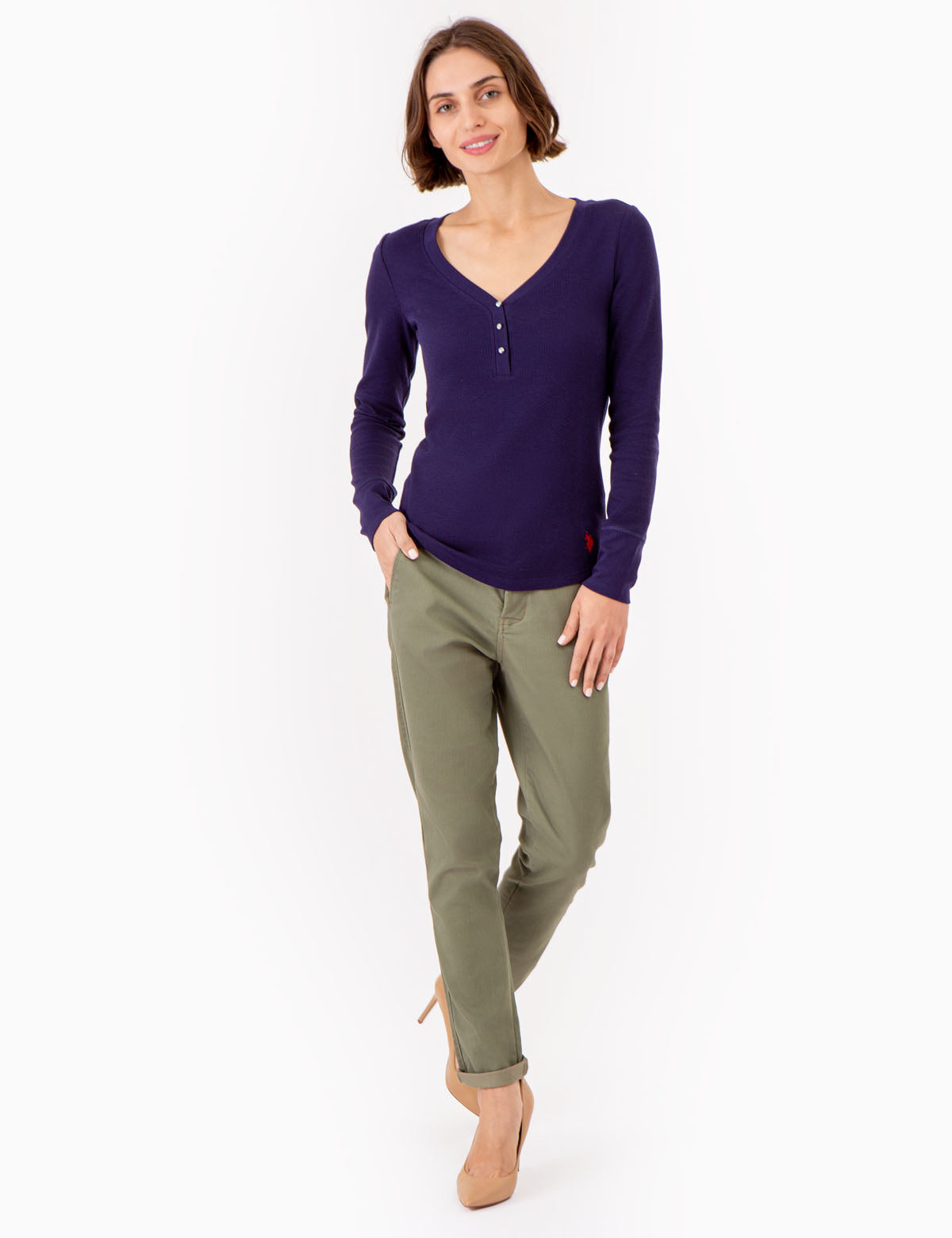 Waffle Knit Henley Top with Rhinestone Buttons | Long Sleeve
