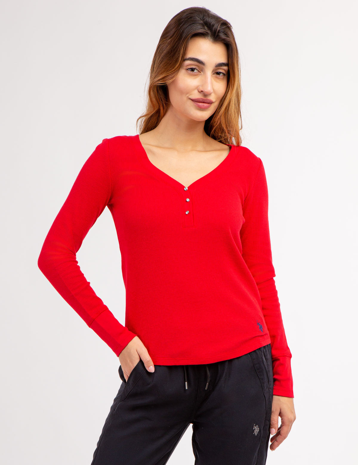 Waffle Knit Henley Top with Rhinestone Buttons | Long Sleeve