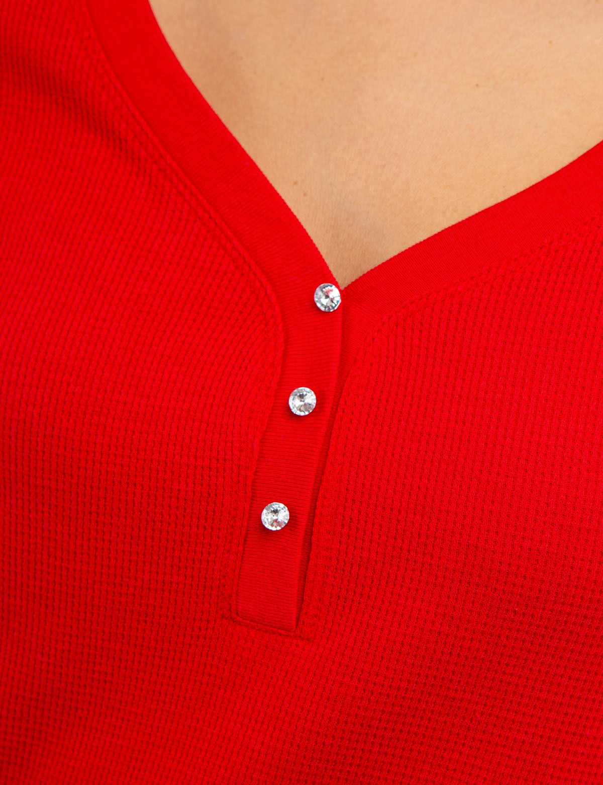 Waffle Knit Henley Top with Rhinestone Buttons | Long Sleeve