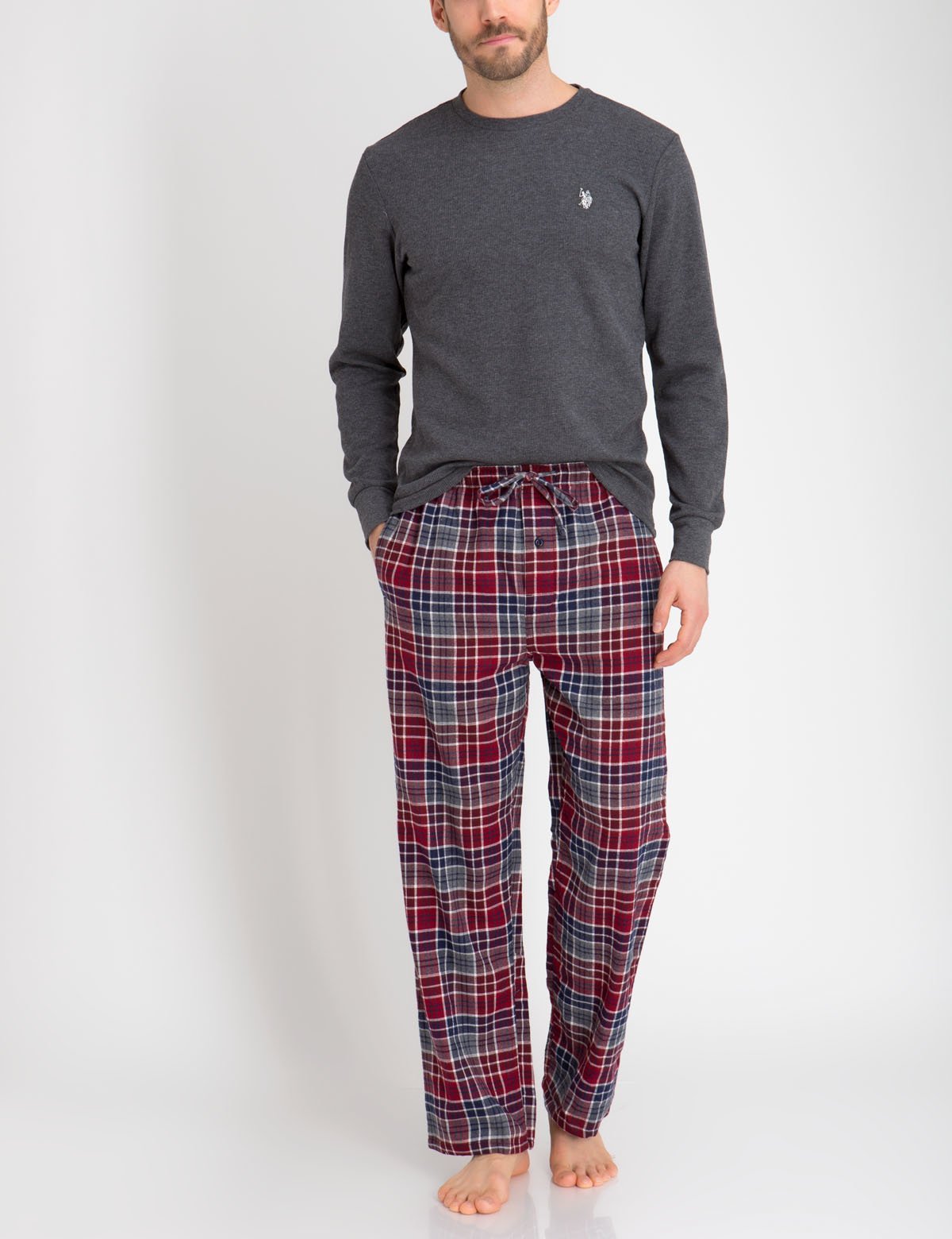 Men's Cotton Lounge Set with Drawstring Waist & Plaid Print