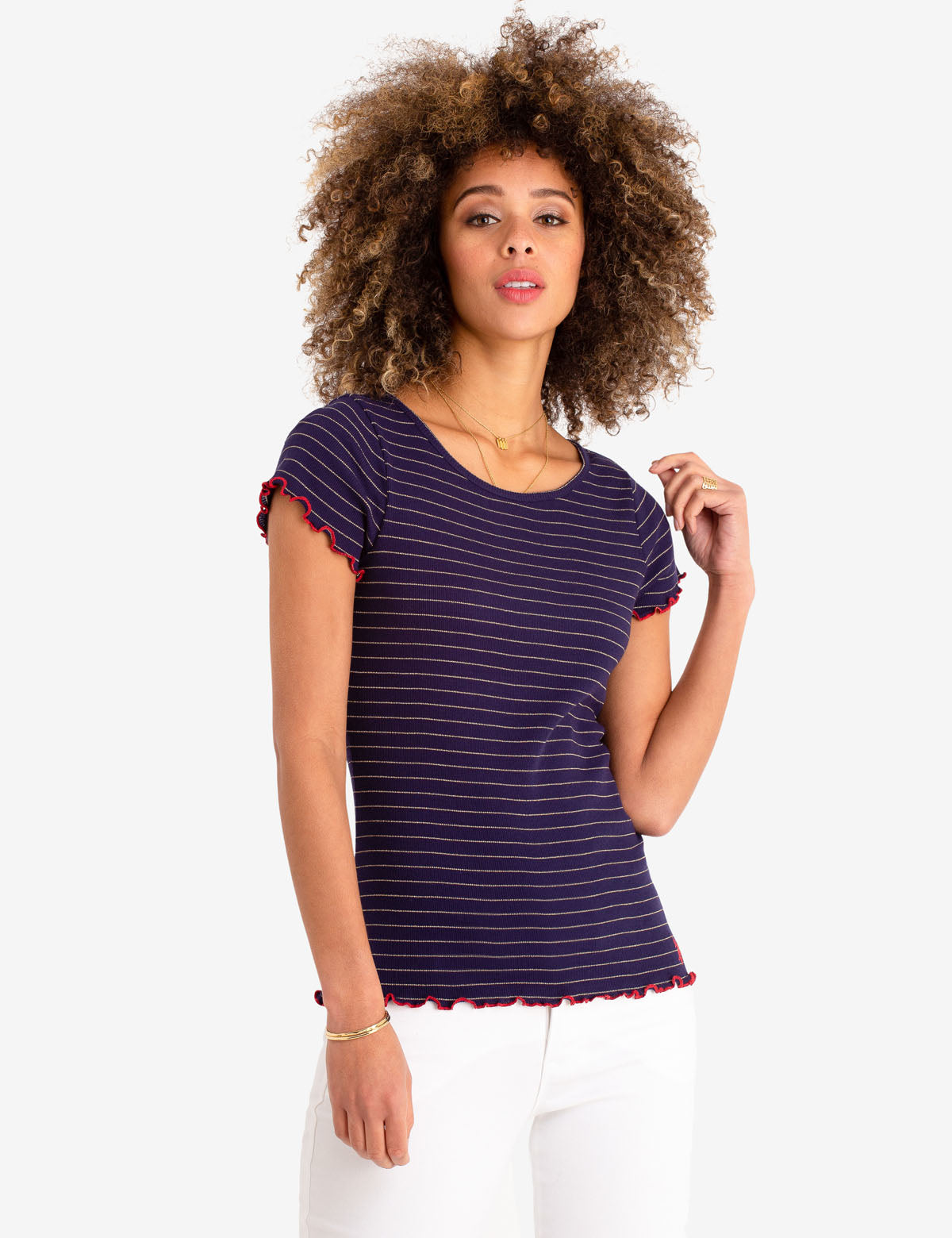 Lurex Stripe Ruffle Sleeve Top | Round Neck Short Sleeve Blouse