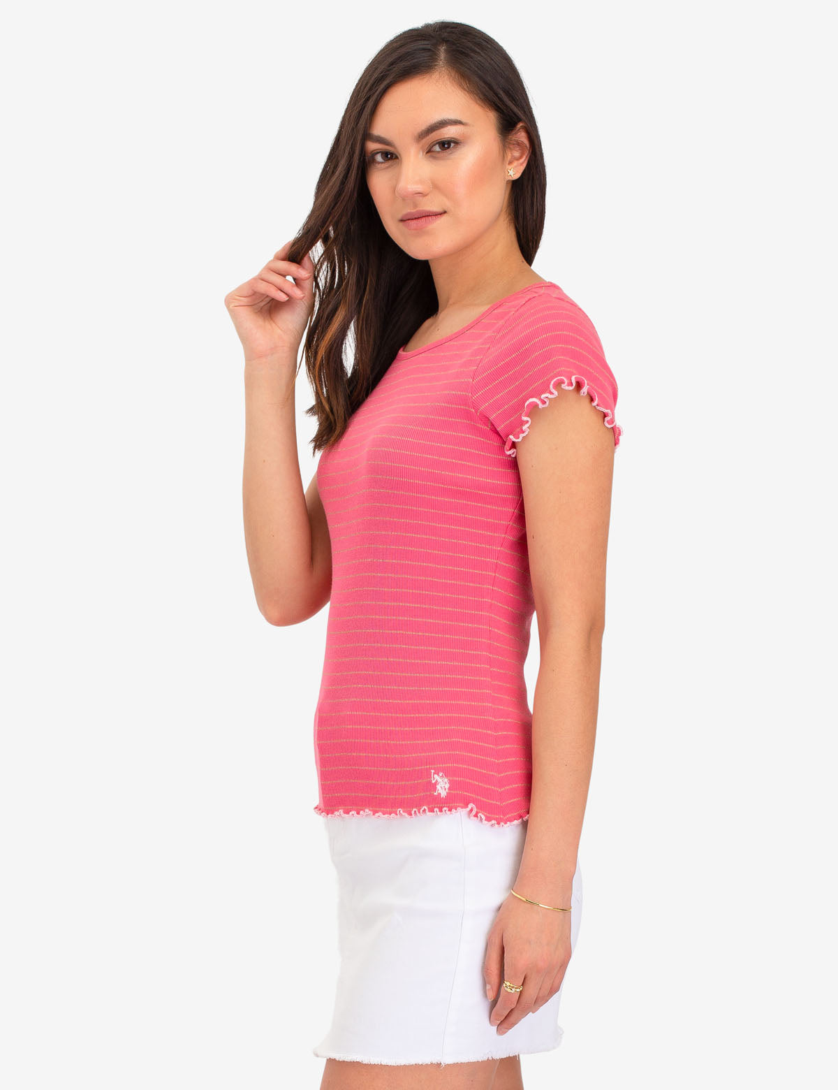 Lurex Stripe Ruffle Sleeve Top | Round Neck Short Sleeve Blouse