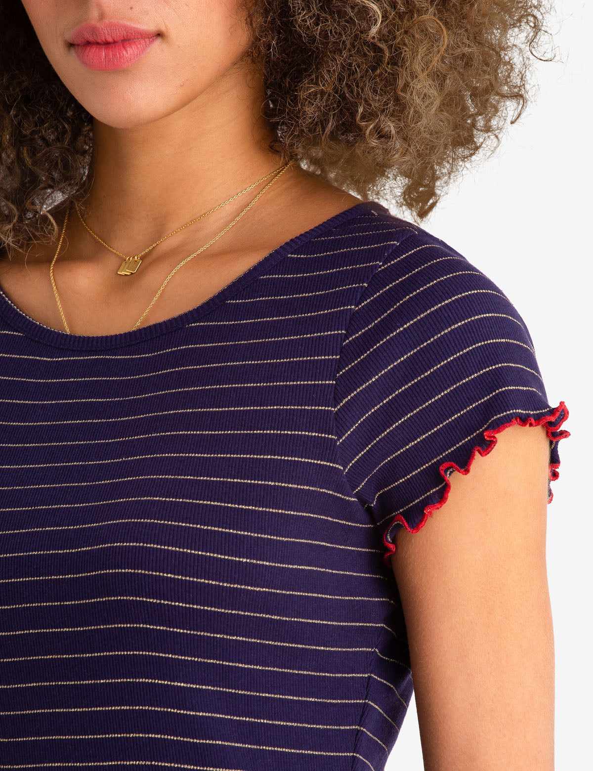 Lurex Stripe Ruffle Sleeve Top | Round Neck Short Sleeve Blouse