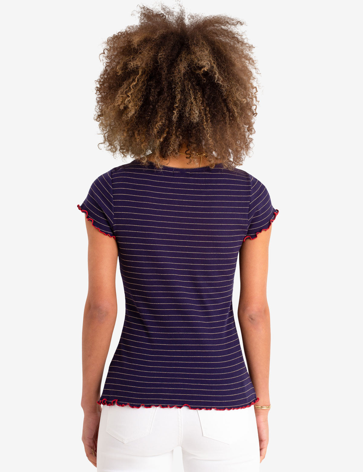 Lurex Stripe Ruffle Sleeve Top | Round Neck Short Sleeve Blouse