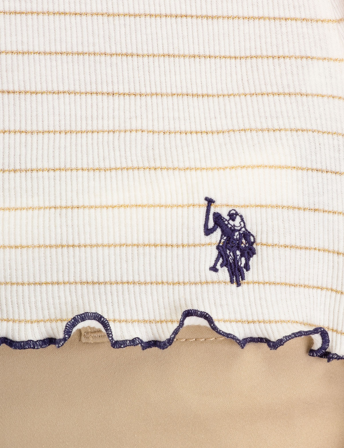 Lurex Stripe Ruffle Sleeve Top | Round Neck Short Sleeve Blouse