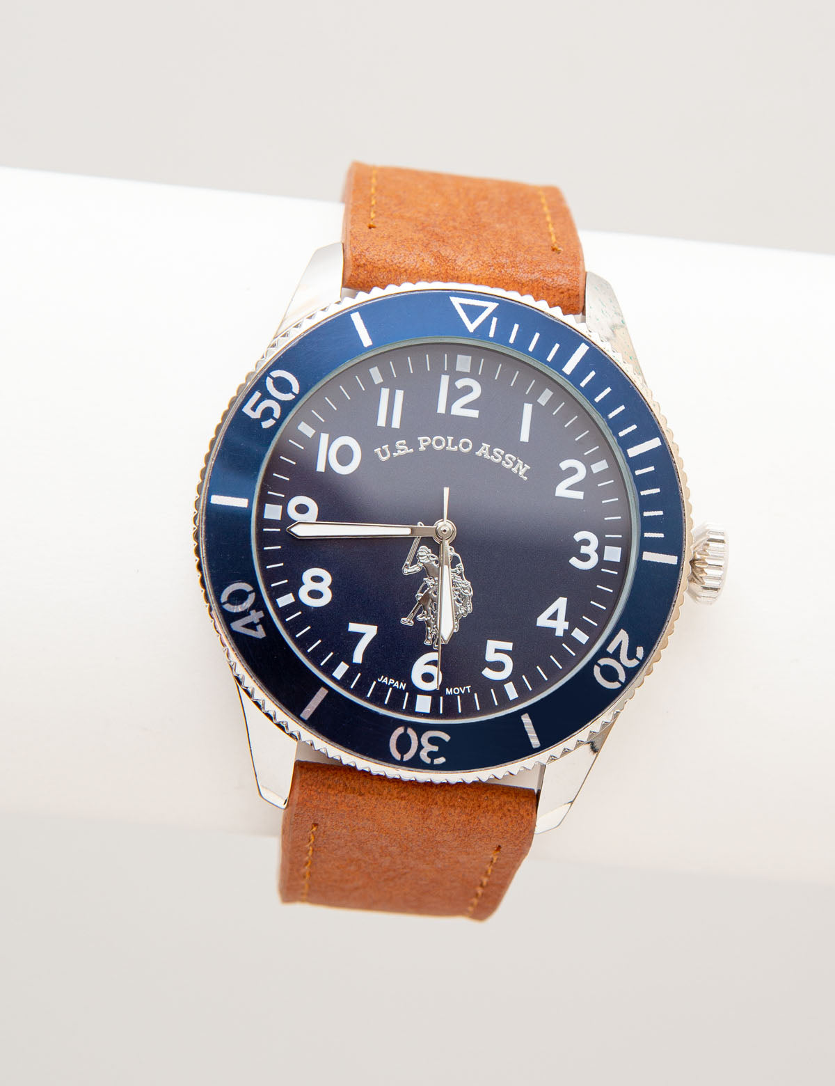 Men's Brown Leather Strap Watch with Blue Sport Bezel