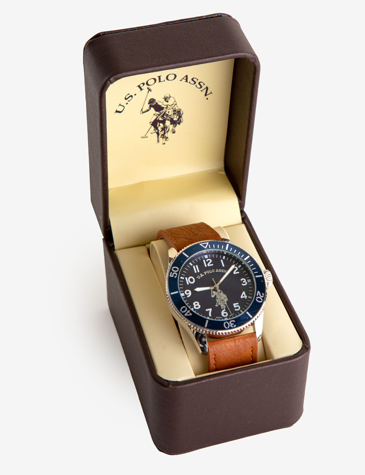 Men's Brown Leather Strap Watch with Blue Sport Bezel