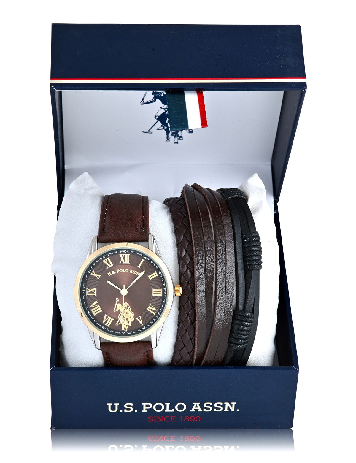 Men's Brown Leather Watch & Bracelet Set | Stylish Combo