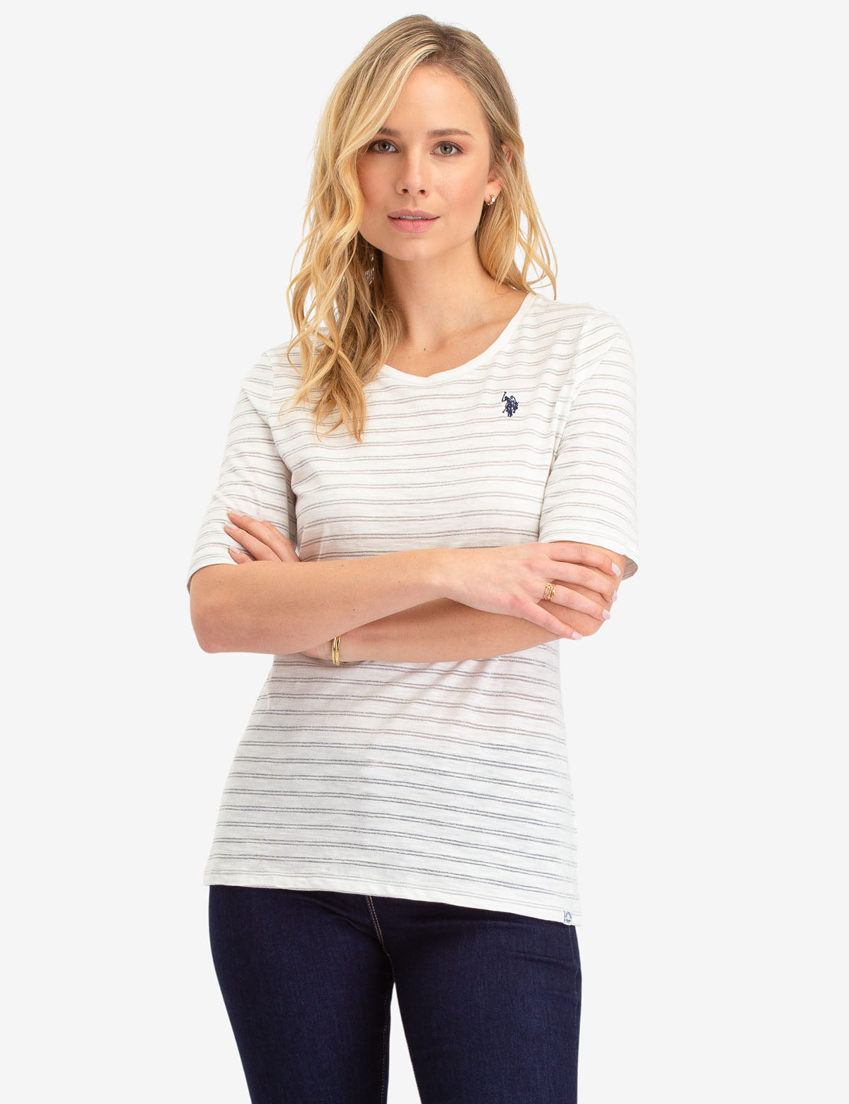 Metallic Lurex Striped Cotton Top | Quarter Sleeves & Straight Hem