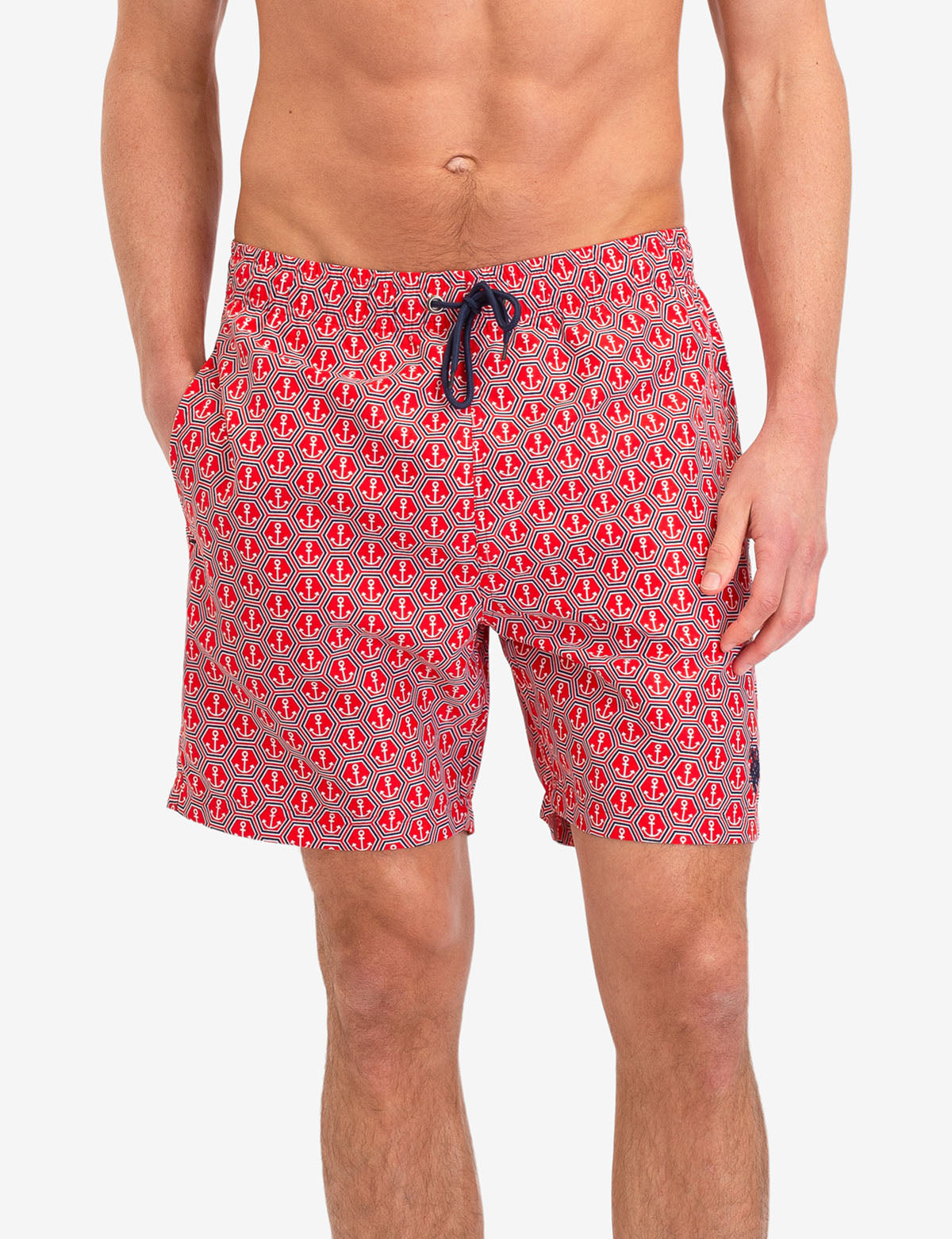 Mini Anchor Print Swim Trunks with Pockets | Drawstring Waistband