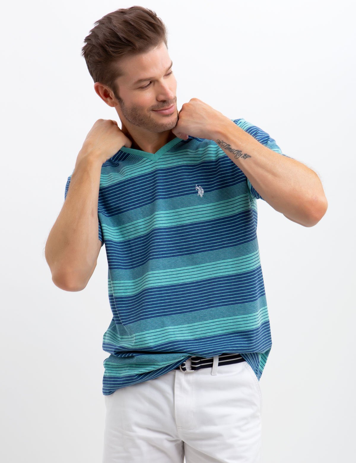 V-Neck Multi Striped T-Shirt with Embroidered Logo | Short Sleeve