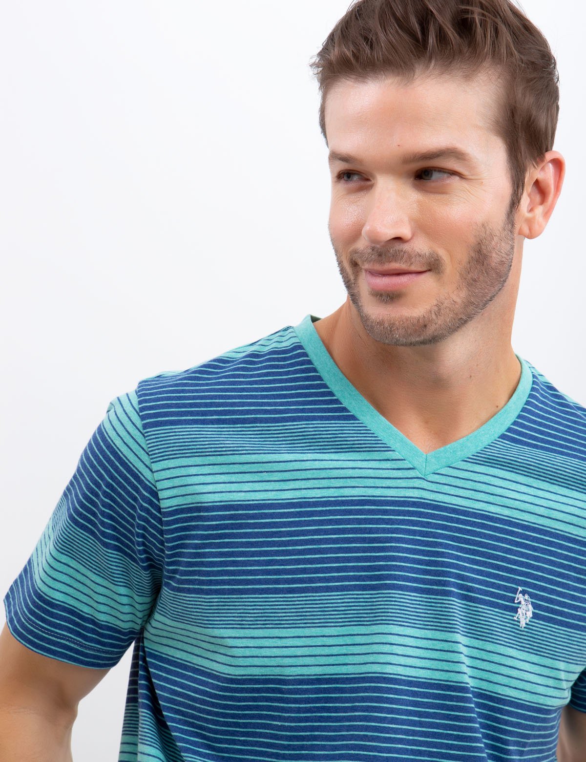 V-Neck Multi Striped T-Shirt with Embroidered Logo | Short Sleeve