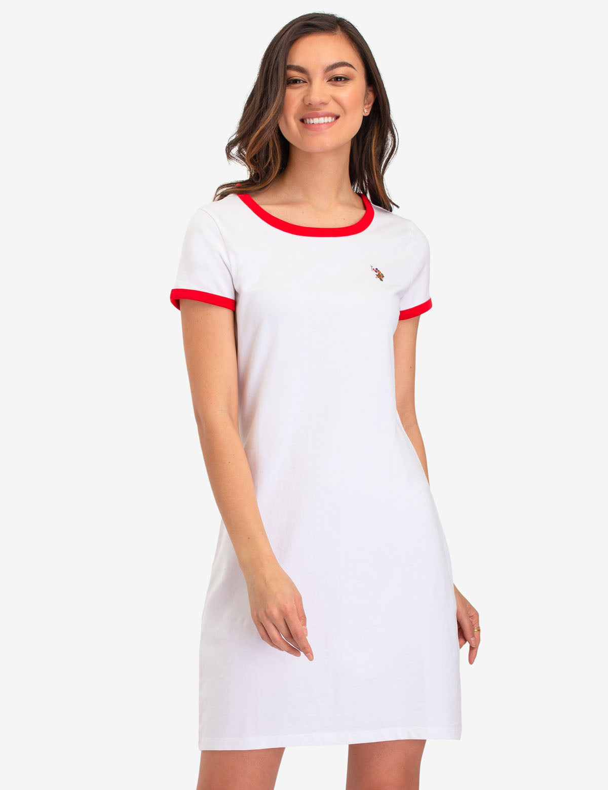 Multi-Tonal Ringer T-Shirt Dress with Embroidered Logo | Casual Cap Sleeves