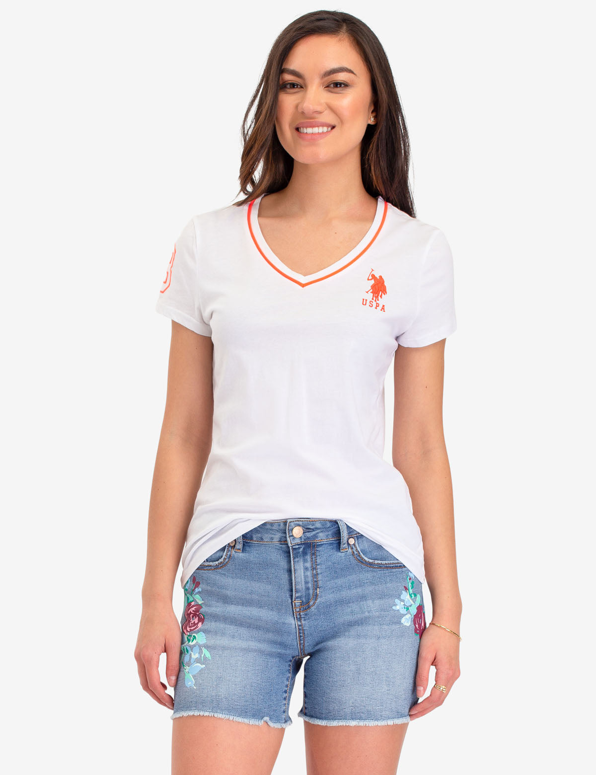 Neon V-Neck T-Shirt with Embroidered Logo & Sleeve Detail