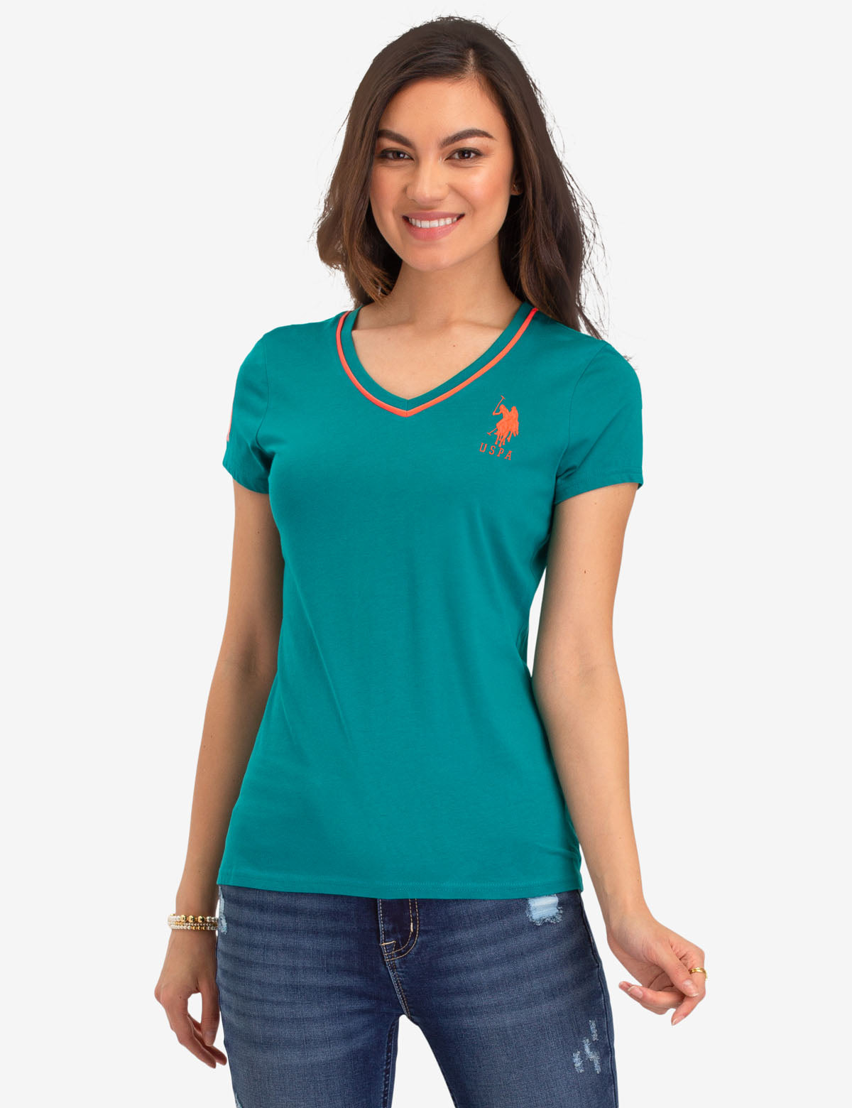 Neon V-Neck T-Shirt with Embroidered Logo & Sleeve Detail